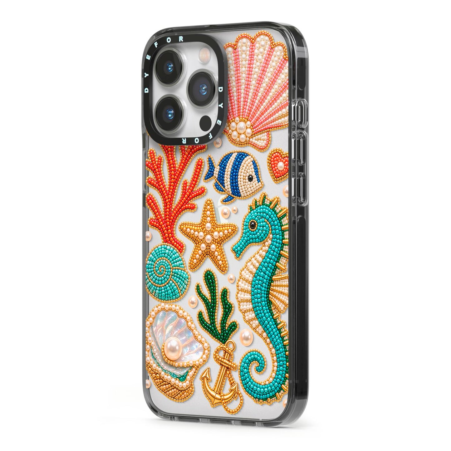 Coastal Treasures Charms iPhone 13 Pro Black Impact Case Side Angle on Silver phone