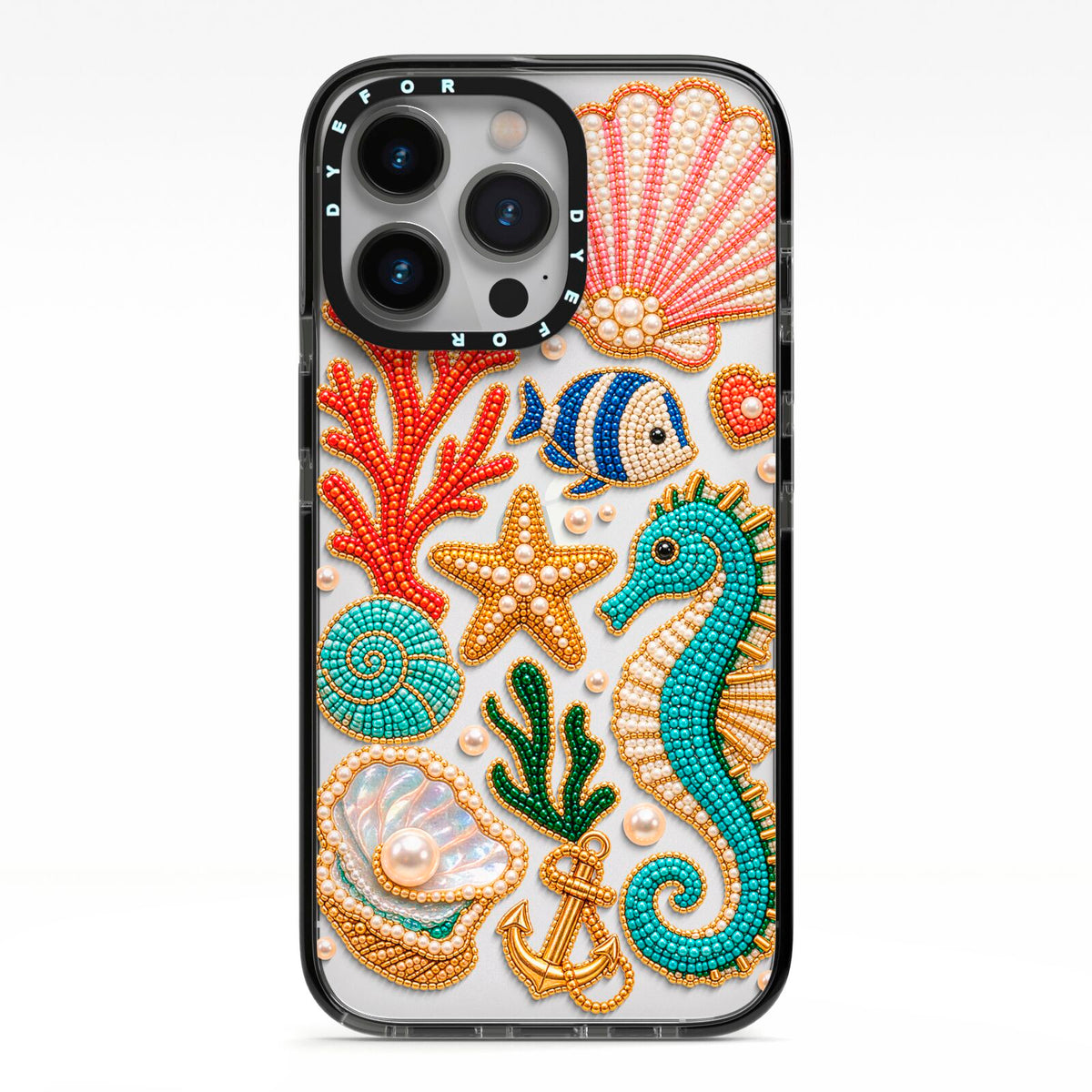 Coastal Treasures Charms iPhone 13 Pro Black Impact Case on Silver phone