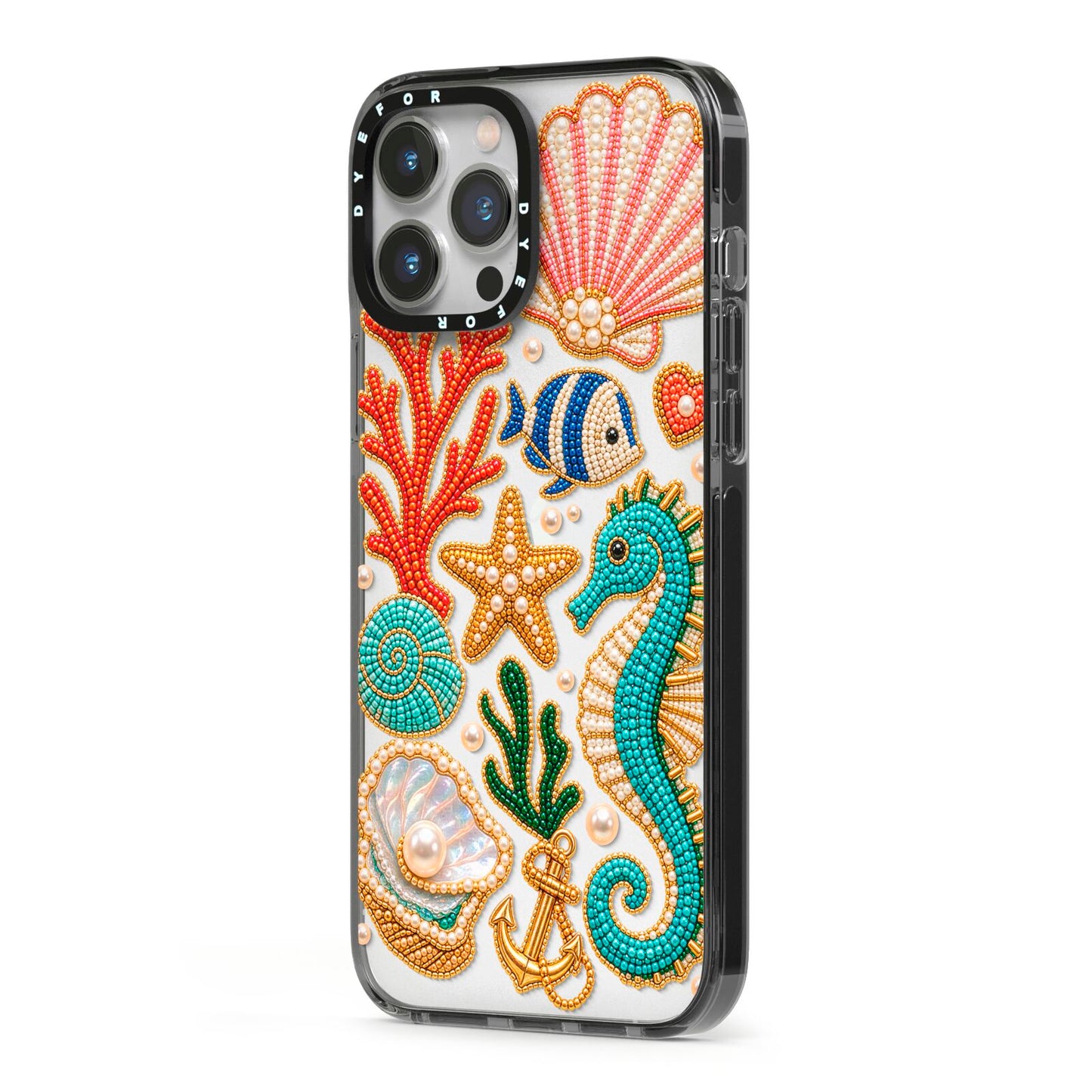 Coastal Treasures Charms iPhone 13 Pro Max Black Impact Case Side Angle on Silver phone