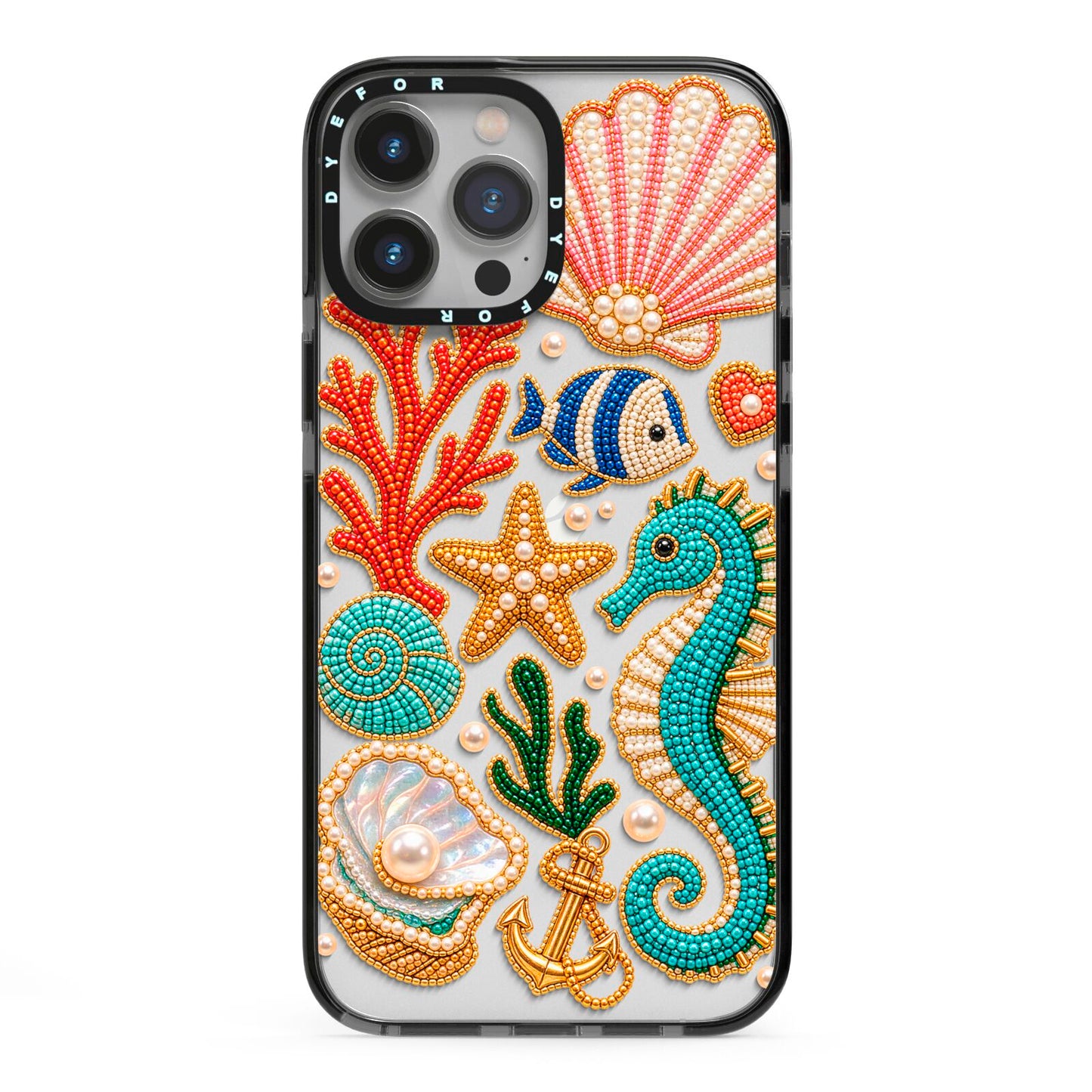 Coastal Treasures Charms iPhone 13 Pro Max Black Impact Case on Silver phone