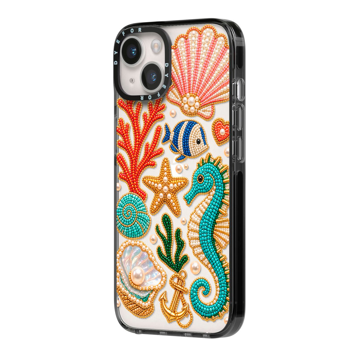 Coastal Treasures Charms iPhone 14 Black Impact Case Side Angle on Silver phone