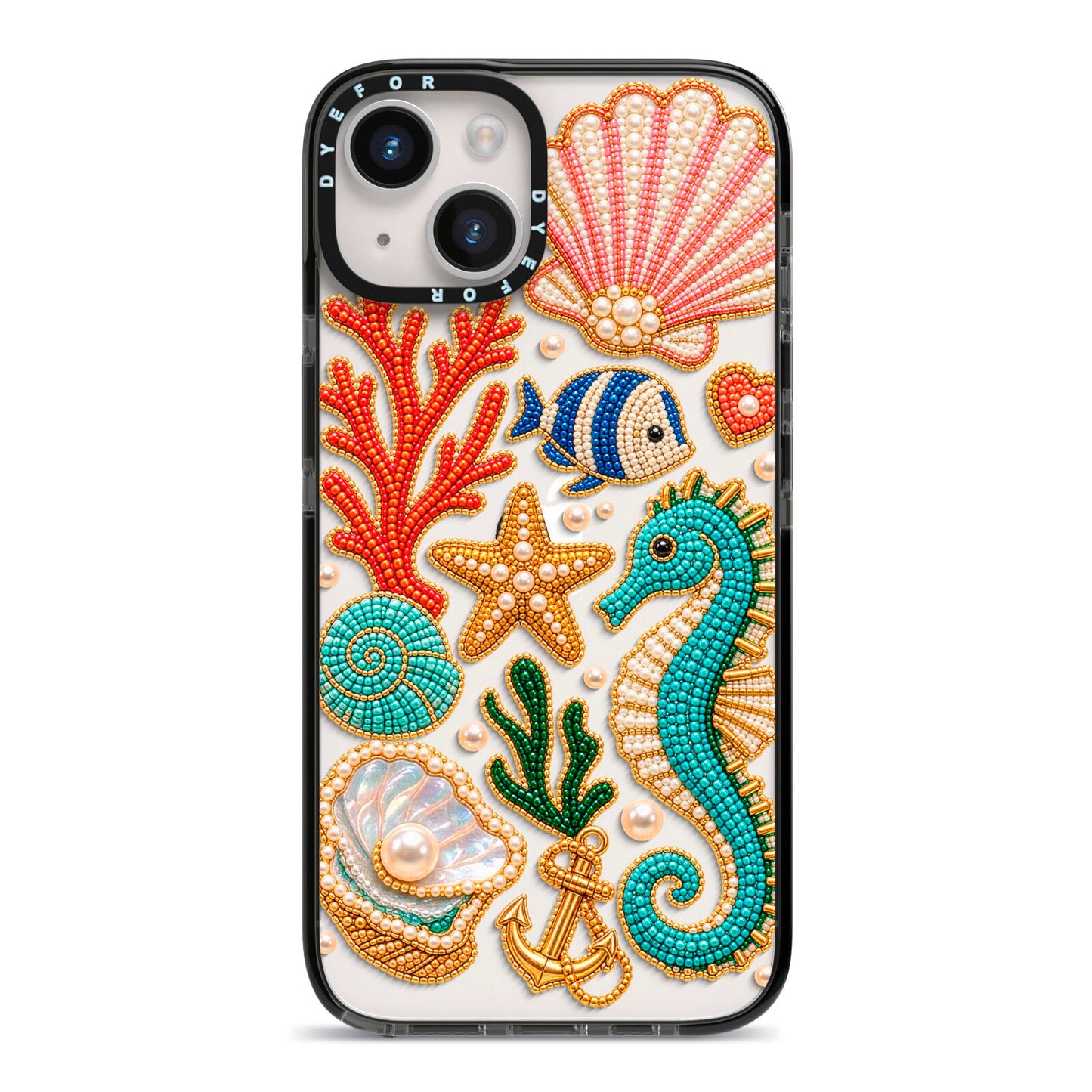 Coastal Treasures Charms iPhone 14 Black Impact Case on Silver phone