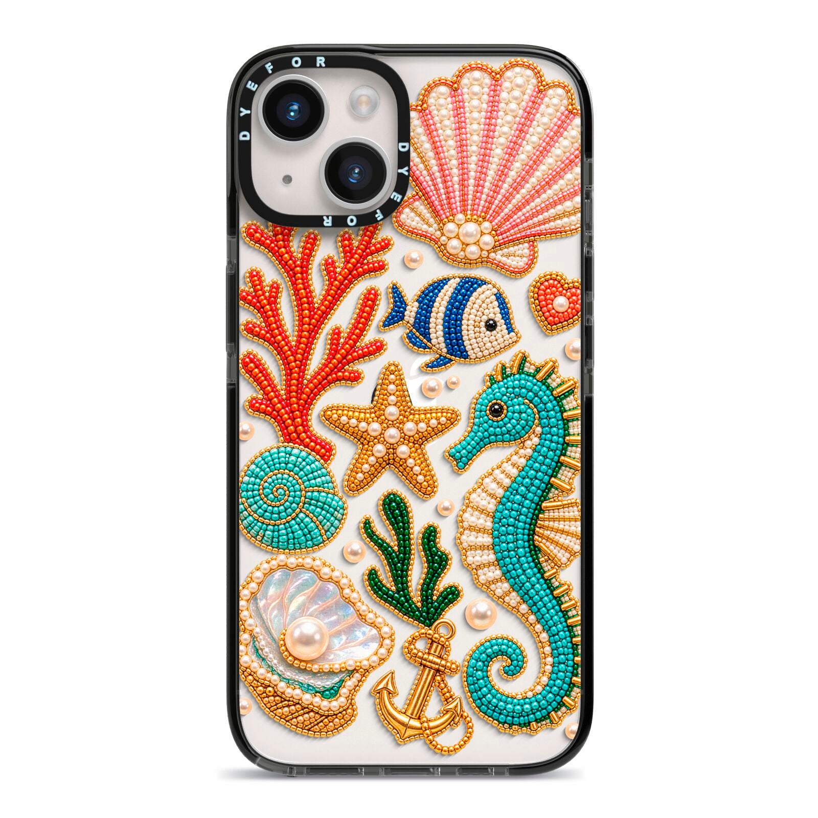 Coastal Treasures Charms iPhone 14 Black Impact Case on Silver phone