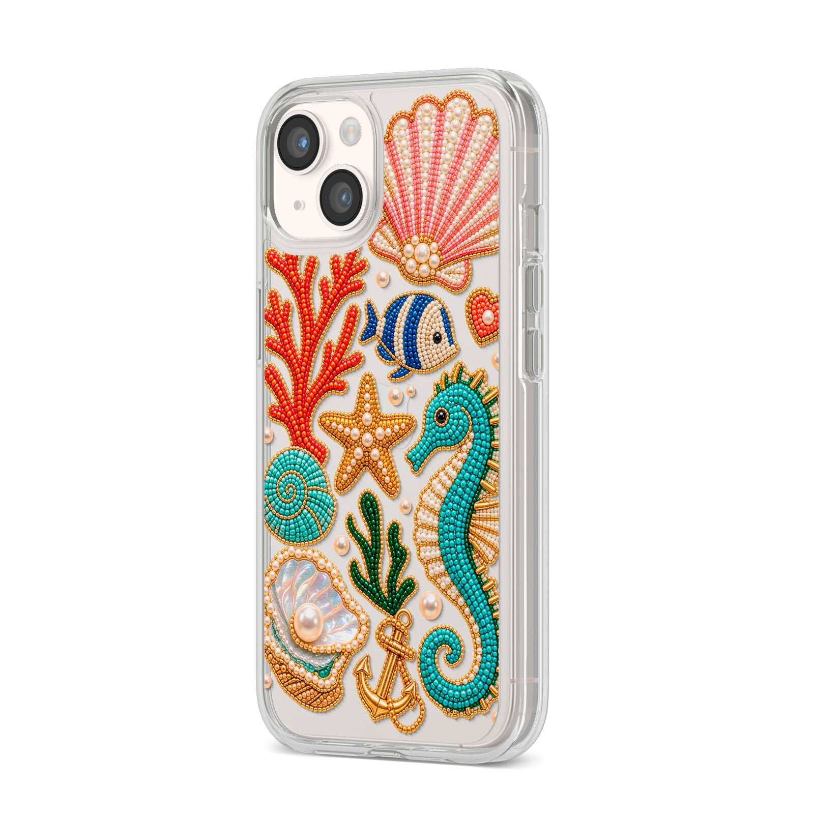Coastal Treasures Charms iPhone 14 Clear Tough Case Starlight Angled Image