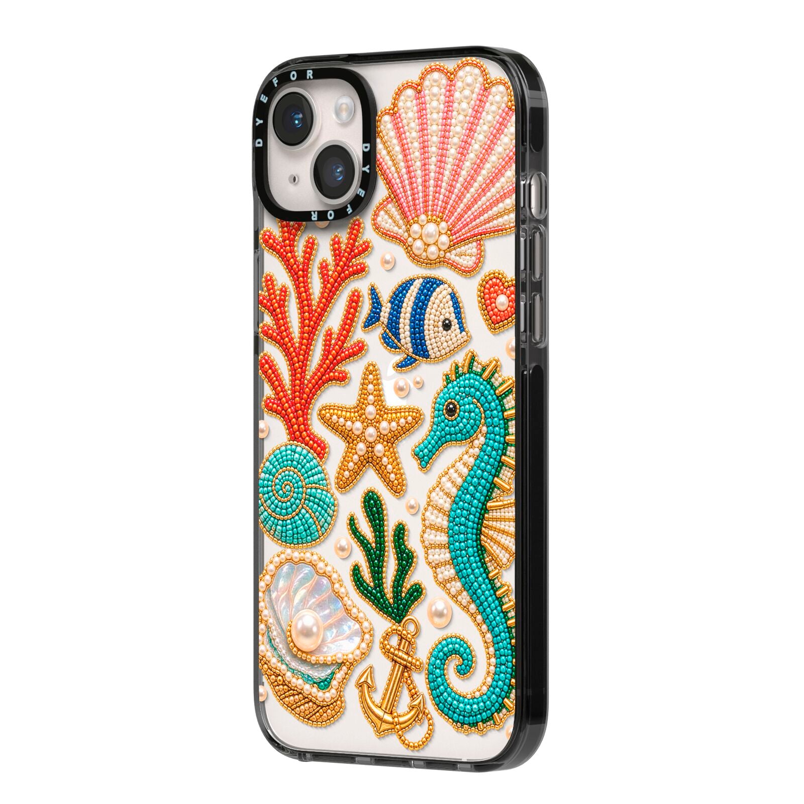 Coastal Treasures Charms iPhone 14 Plus Black Impact Case Side Angle on Silver phone