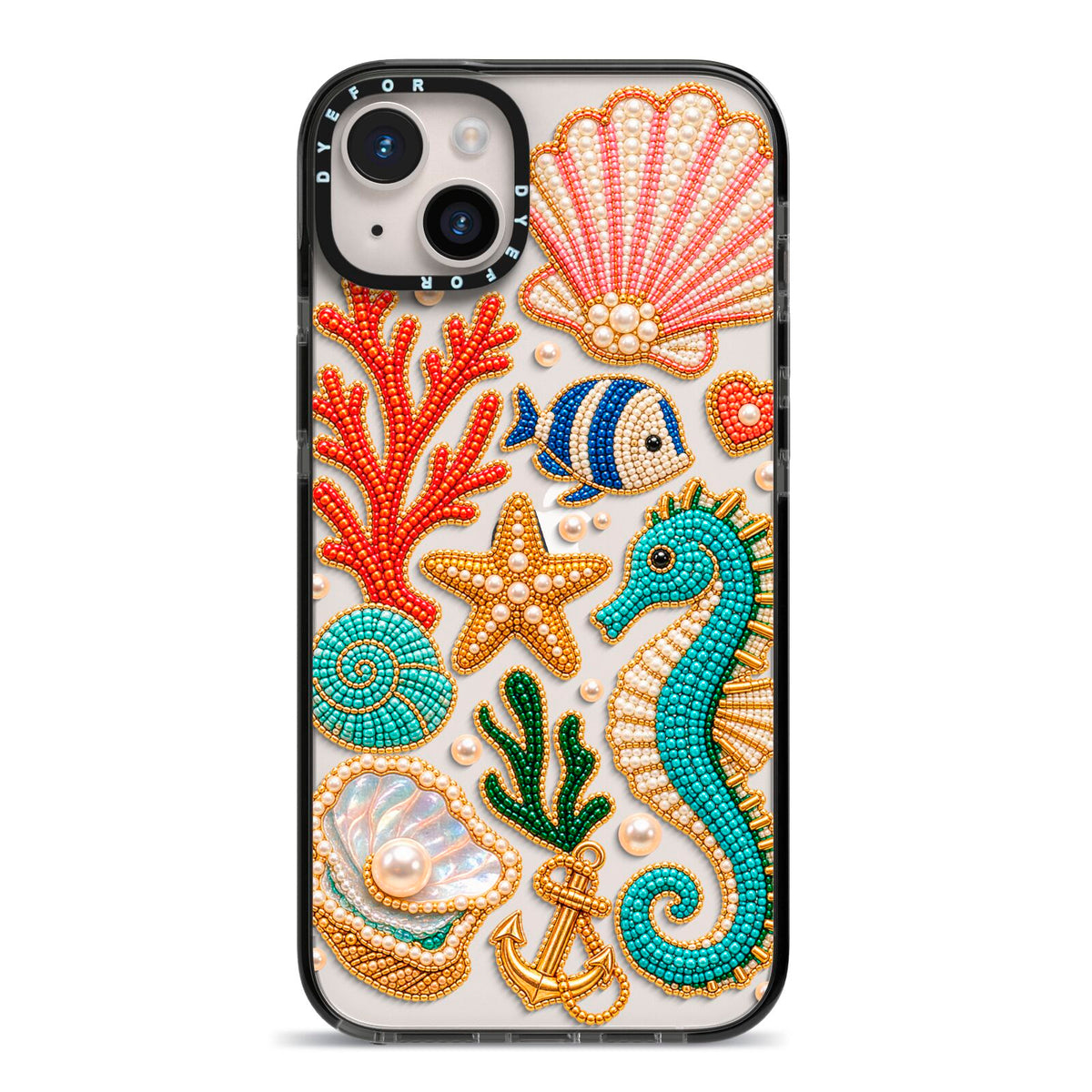 Coastal Treasures Charms iPhone 14 Plus Black Impact Case on Silver phone