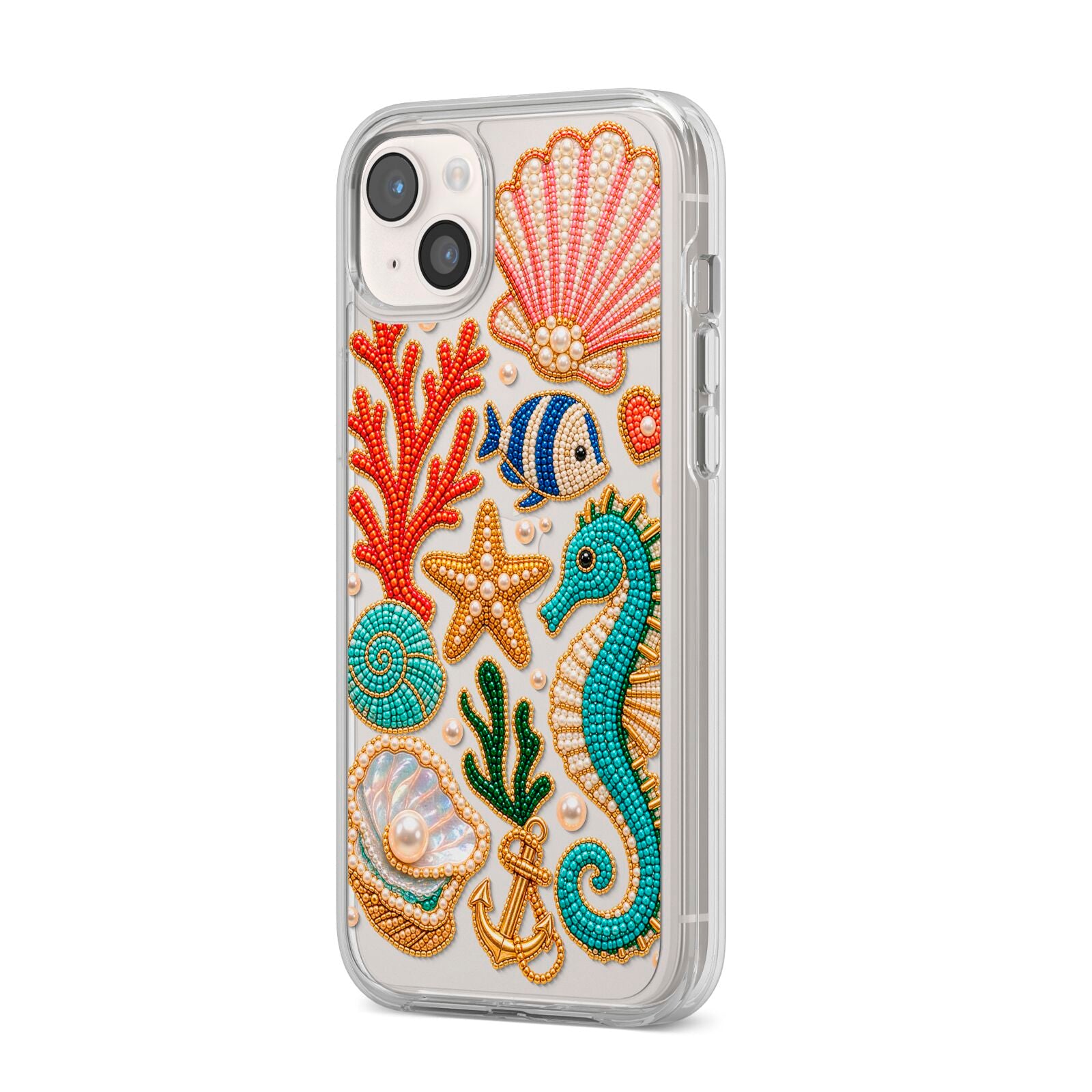 Coastal Treasures Charms iPhone 14 Plus Clear Tough Case Starlight Angled Image