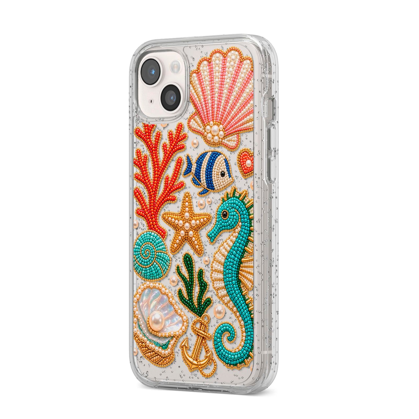Coastal Treasures Charms iPhone 14 Plus Glitter Tough Case Starlight Angled Image