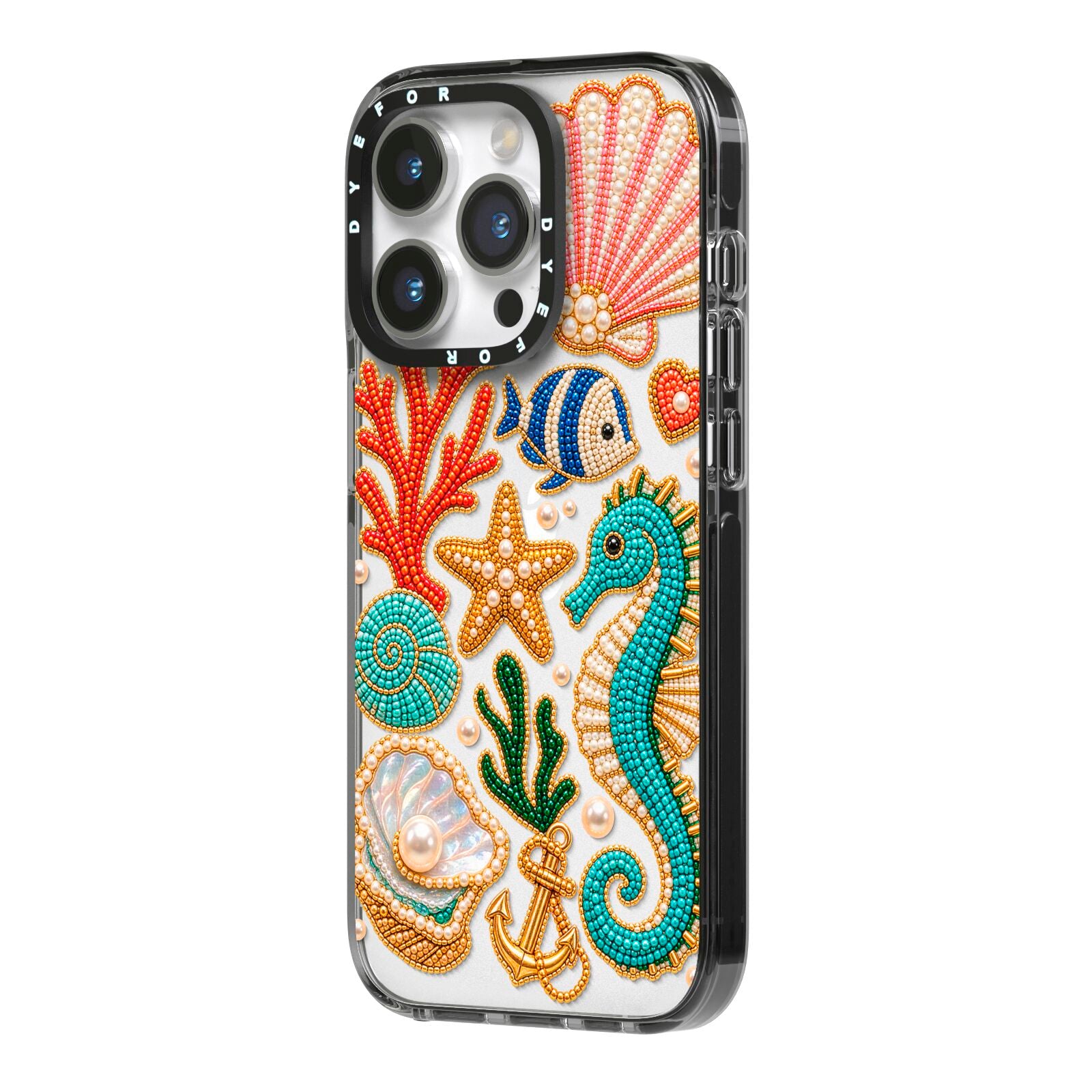 Coastal Treasures Charms iPhone 14 Pro Black Impact Case Side Angle on Silver phone