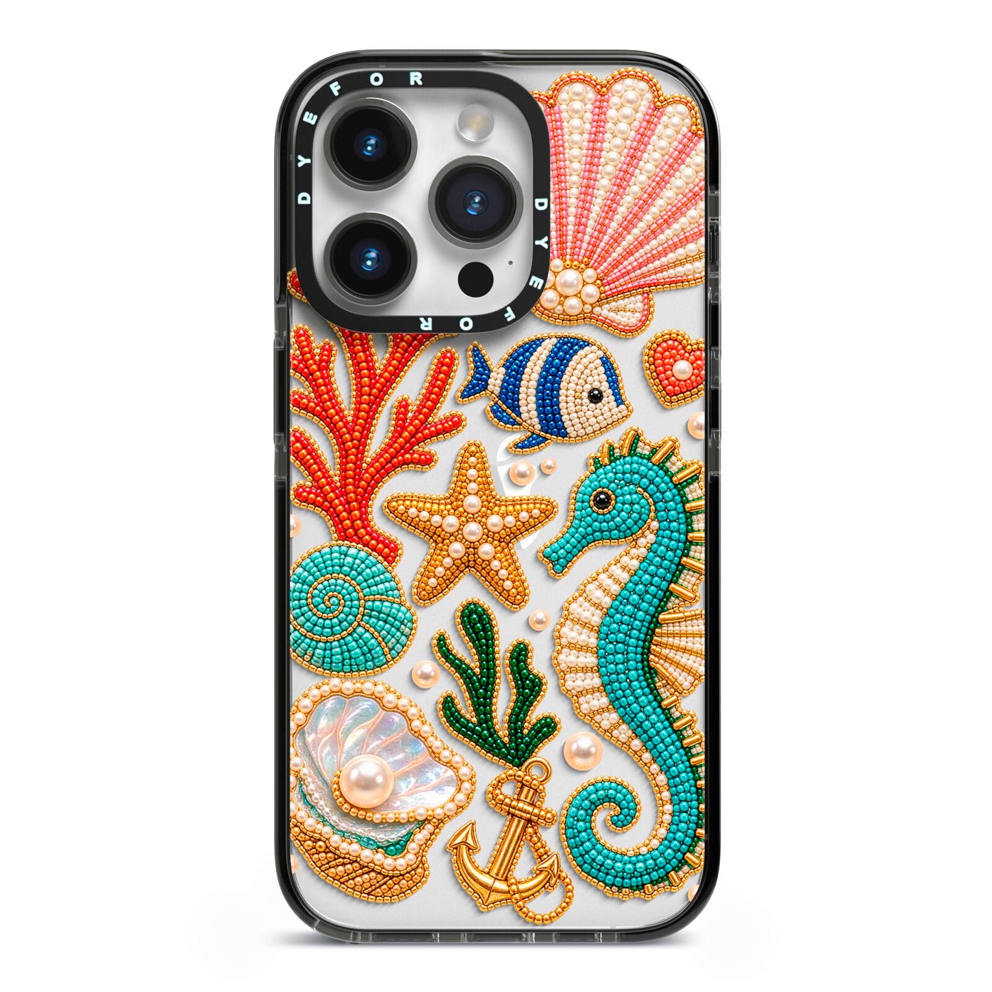 Coastal Treasures Charms iPhone 14 Pro Black Impact Case on Silver phone
