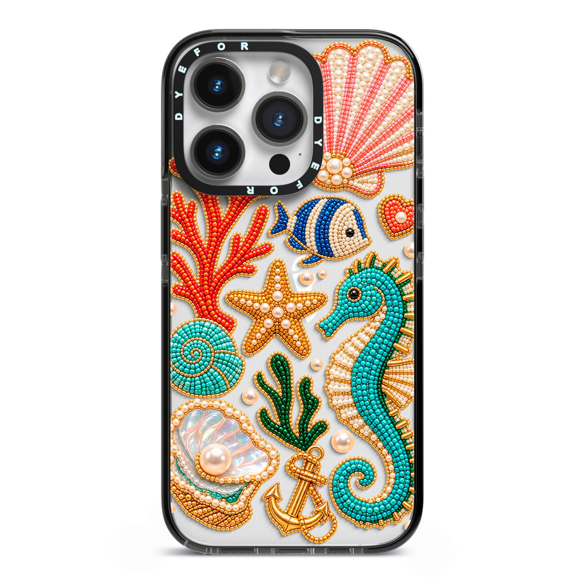 Coastal Treasures Charms iPhone 14 Pro Black Impact Case on Silver phone