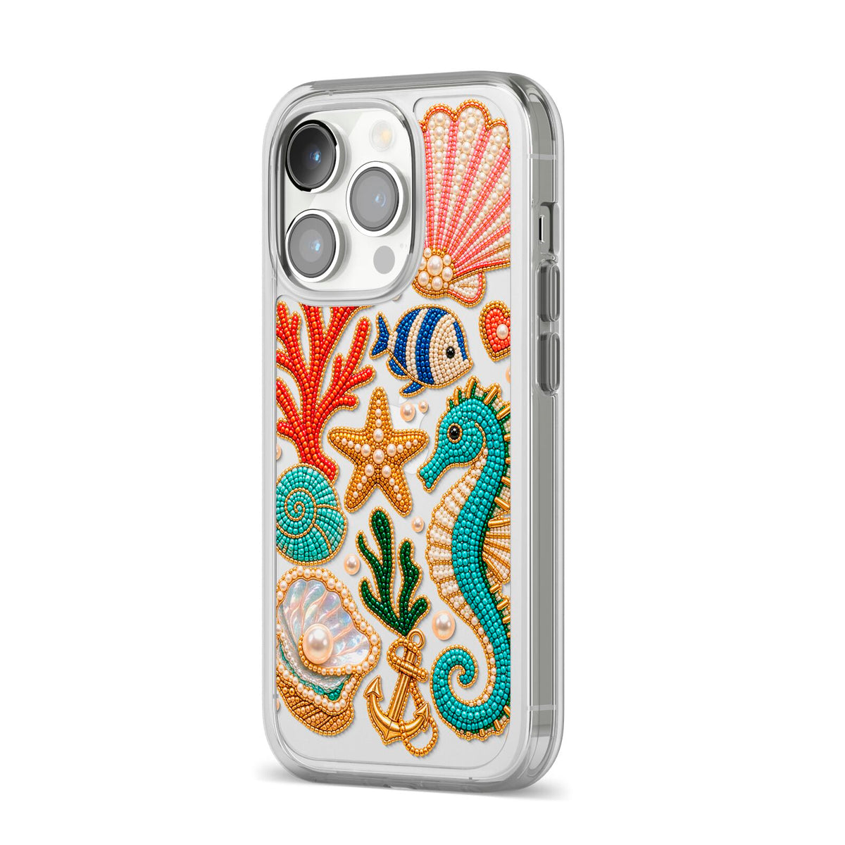 Coastal Treasures Charms iPhone 14 Pro Clear Tough Case Silver Angled Image