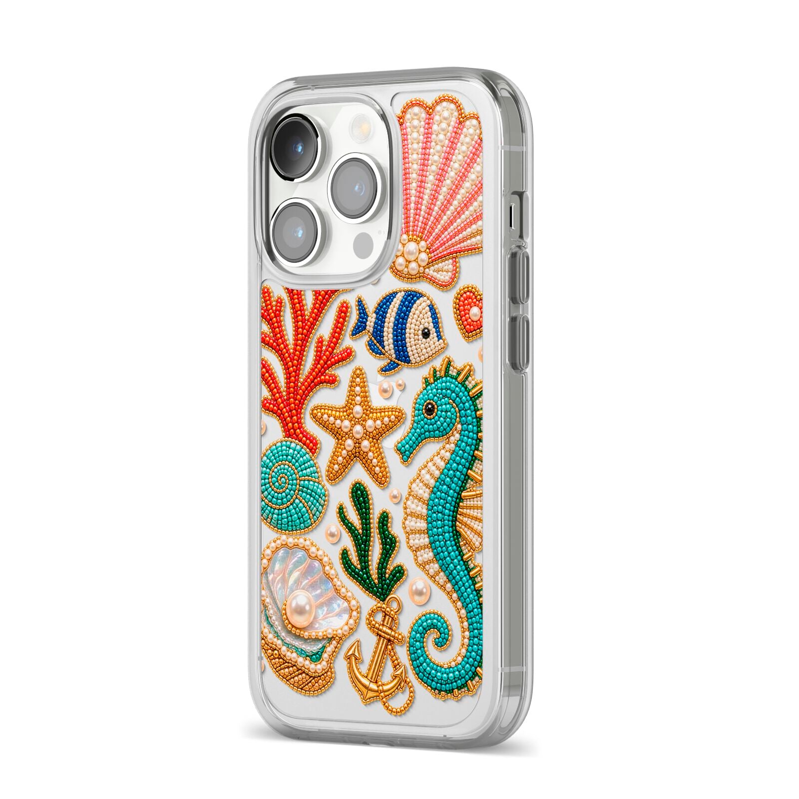 Coastal Treasures Charms iPhone 14 Pro Clear Tough Case Silver Angled Image
