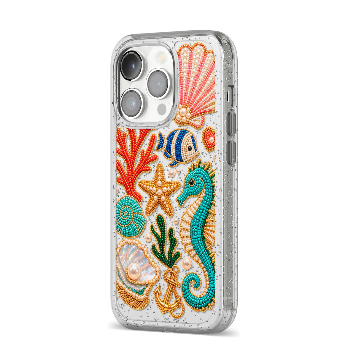 Coastal Treasures Charms iPhone 14 Pro Glitter Tough Case Silver Angled Image