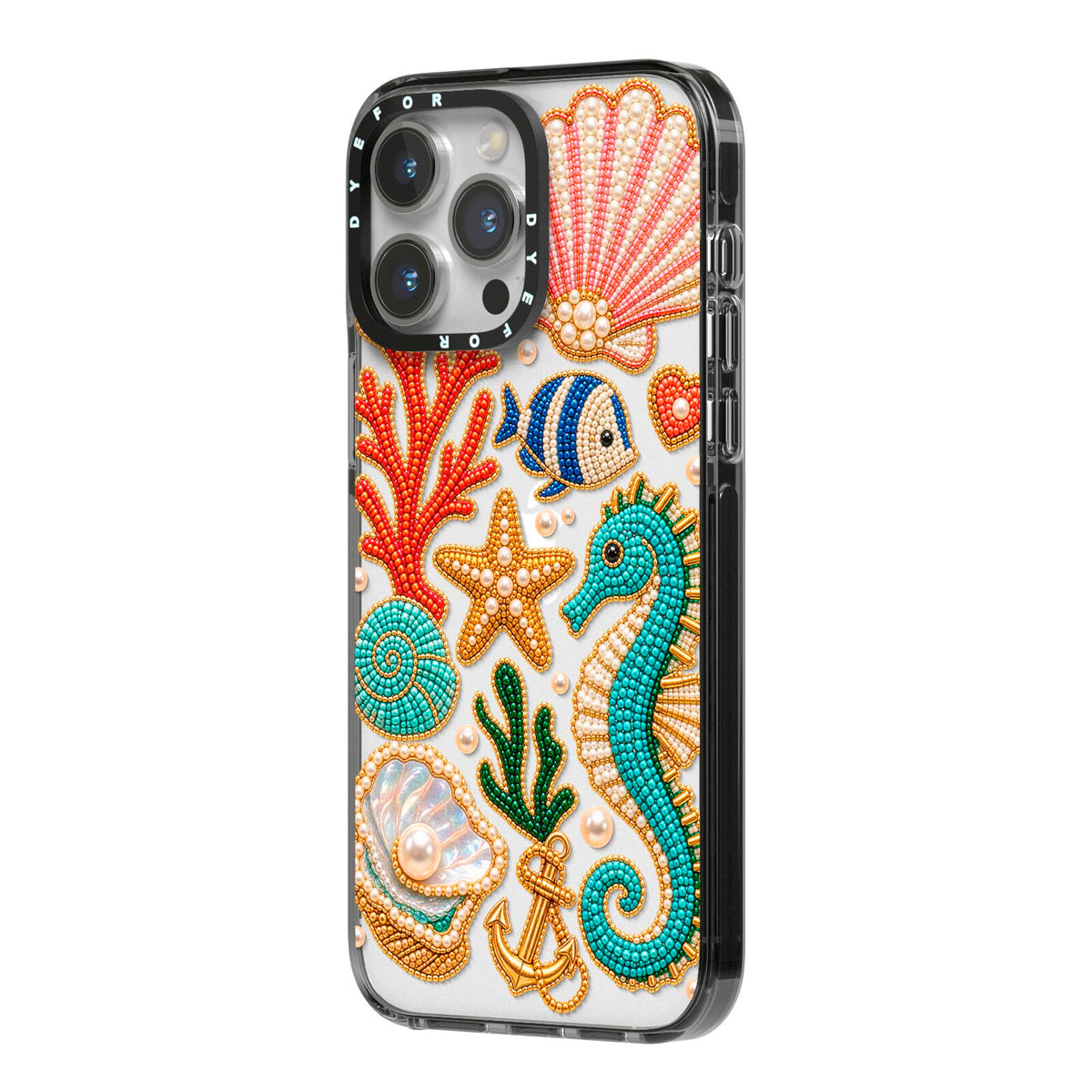 Coastal Treasures Charms iPhone 14 Pro Max Black Impact Case Side Angle on Silver phone
