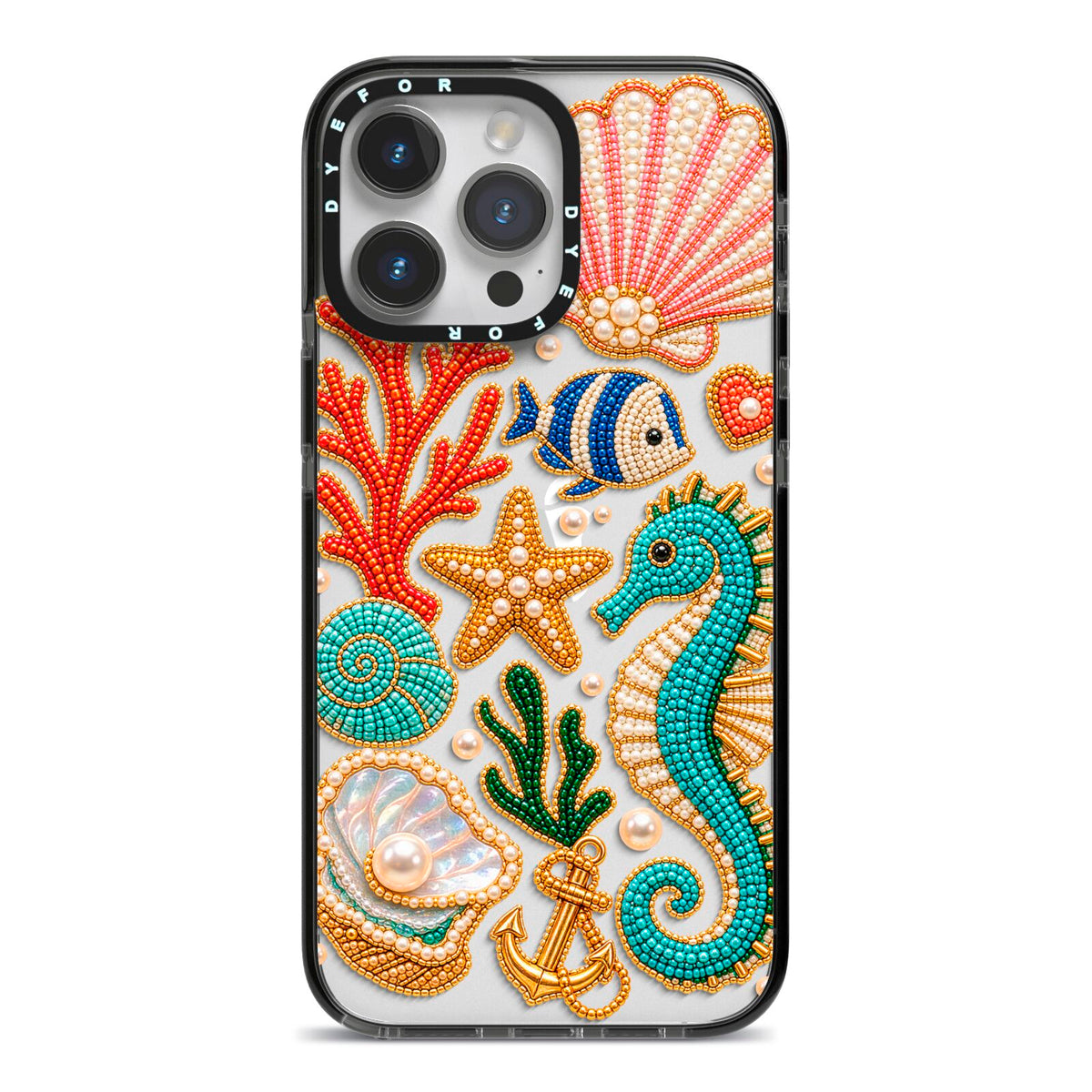 Coastal Treasures Charms iPhone 14 Pro Max Black Impact Case on Silver phone