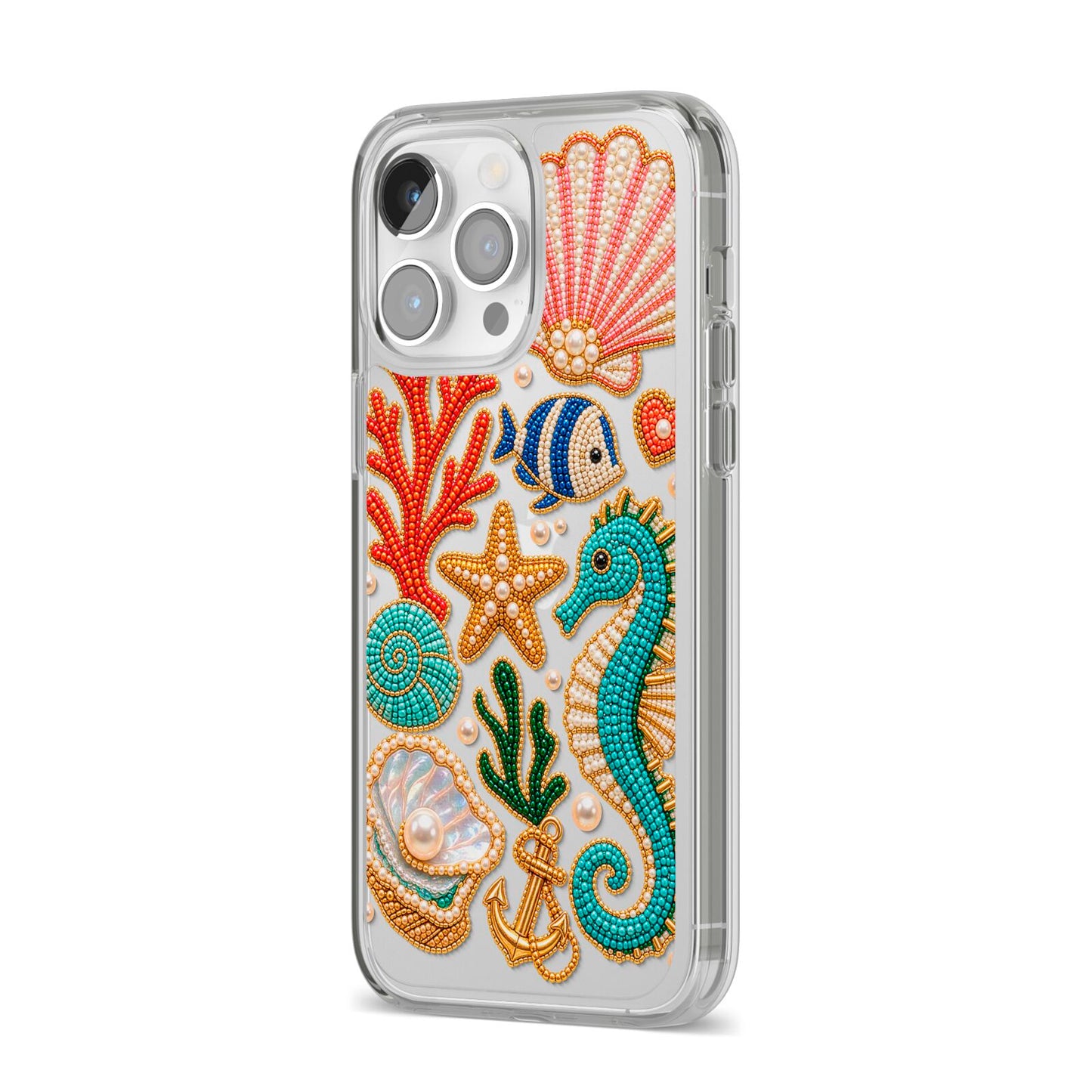 Coastal Treasures Charms iPhone 14 Pro Max Clear Tough Case Silver Angled Image