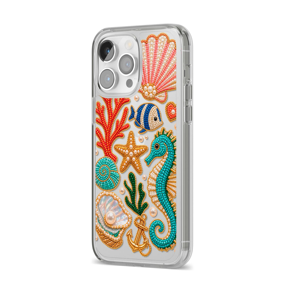 Coastal Treasures Charms iPhone 14 Pro Max Clear Tough Case Silver Angled Image