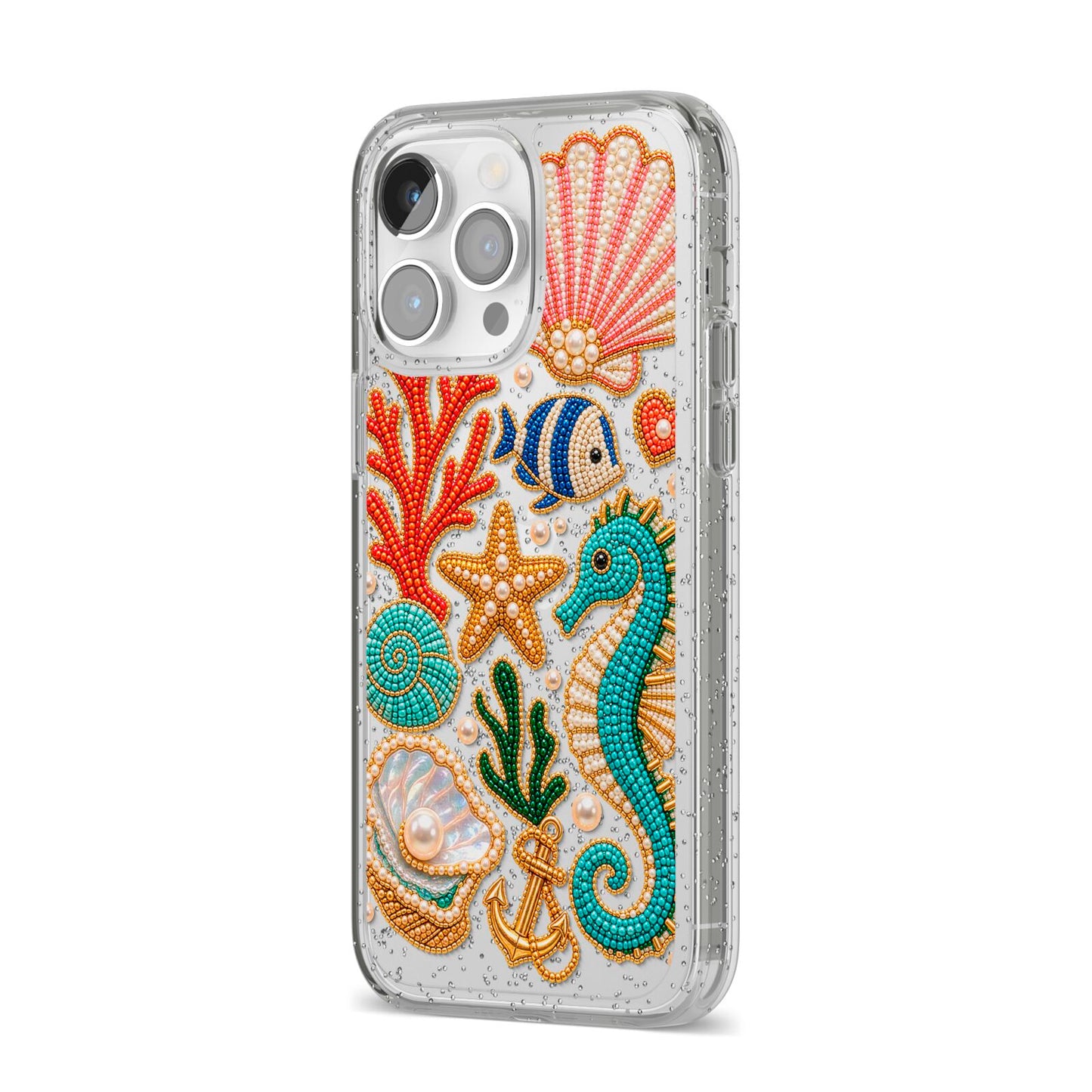 Coastal Treasures Charms iPhone 14 Pro Max Glitter Tough Case Silver Angled Image