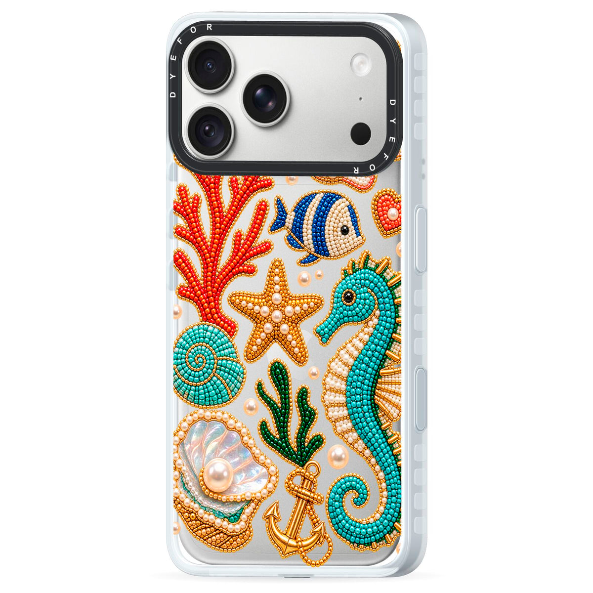 Coastal Treasures Charms iPhone 18 Pro Max Black Impact Pre order Case Side Angle on Silver phone