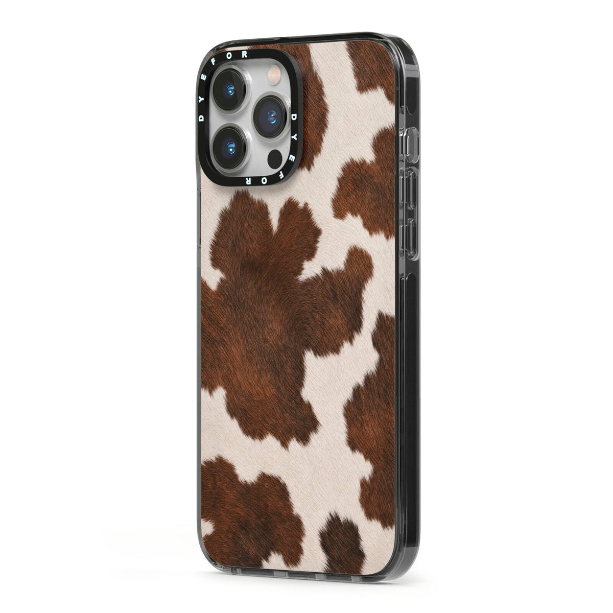 Cocoa Hide iPhone 13 Pro Max Black Impact Case Side Angle on Silver phone