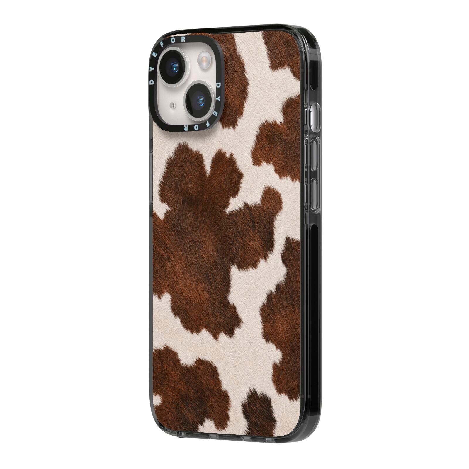 Cocoa Hide iPhone 14 Black Impact Case Side Angle on Silver phone