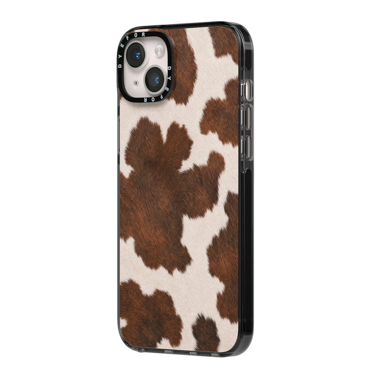 Cocoa Hide iPhone 14 Plus Black Impact Case Side Angle on Silver phone