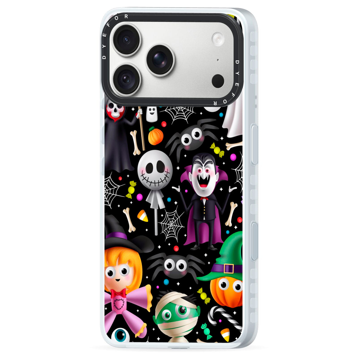 Colourful Halloween iPhone 18 Pro Black Impact Pre order Case Side Angle on Silver phone