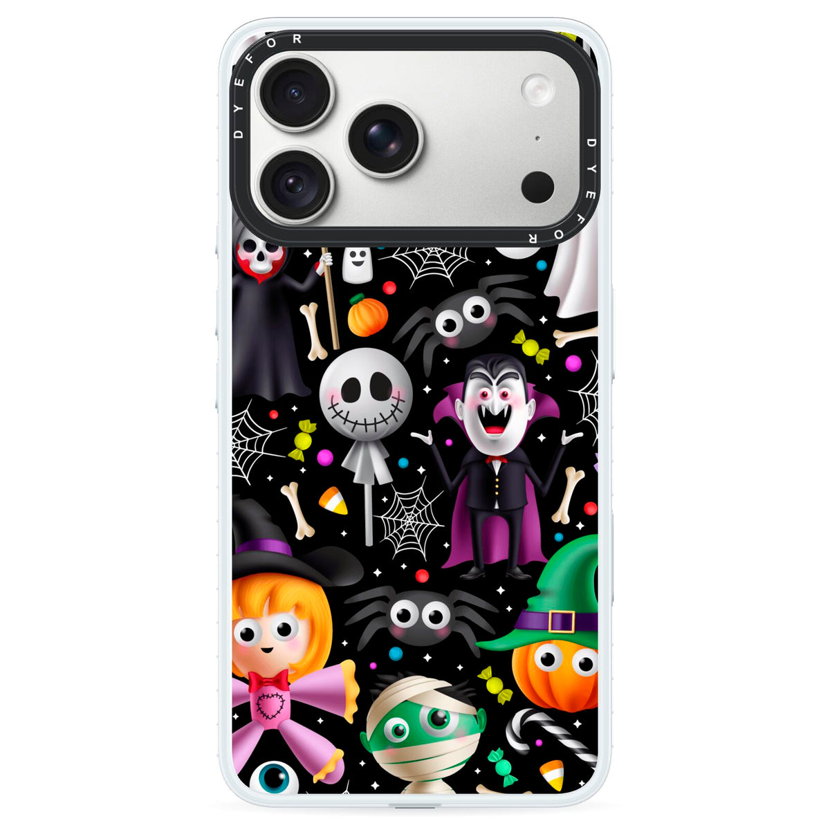 Colourful Halloween iPhone 18 Pro Black Impact Pre order Case on Silver phone