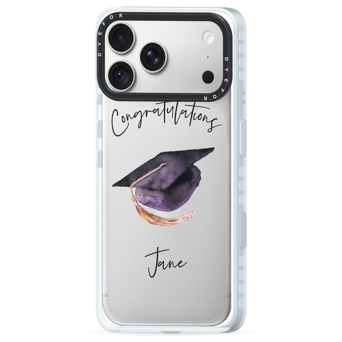 Congratulations Graduate Custom iPhone 18 Pro Max Black Impact Pre order Case Side Angle on Silver phone