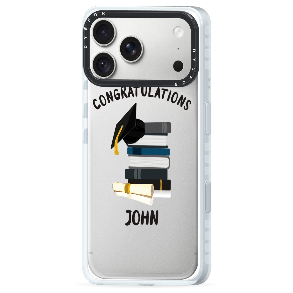Congratulations Graduate iPhone 18 Pro Max Black Impact Pre order Case Side Angle on Silver phone
