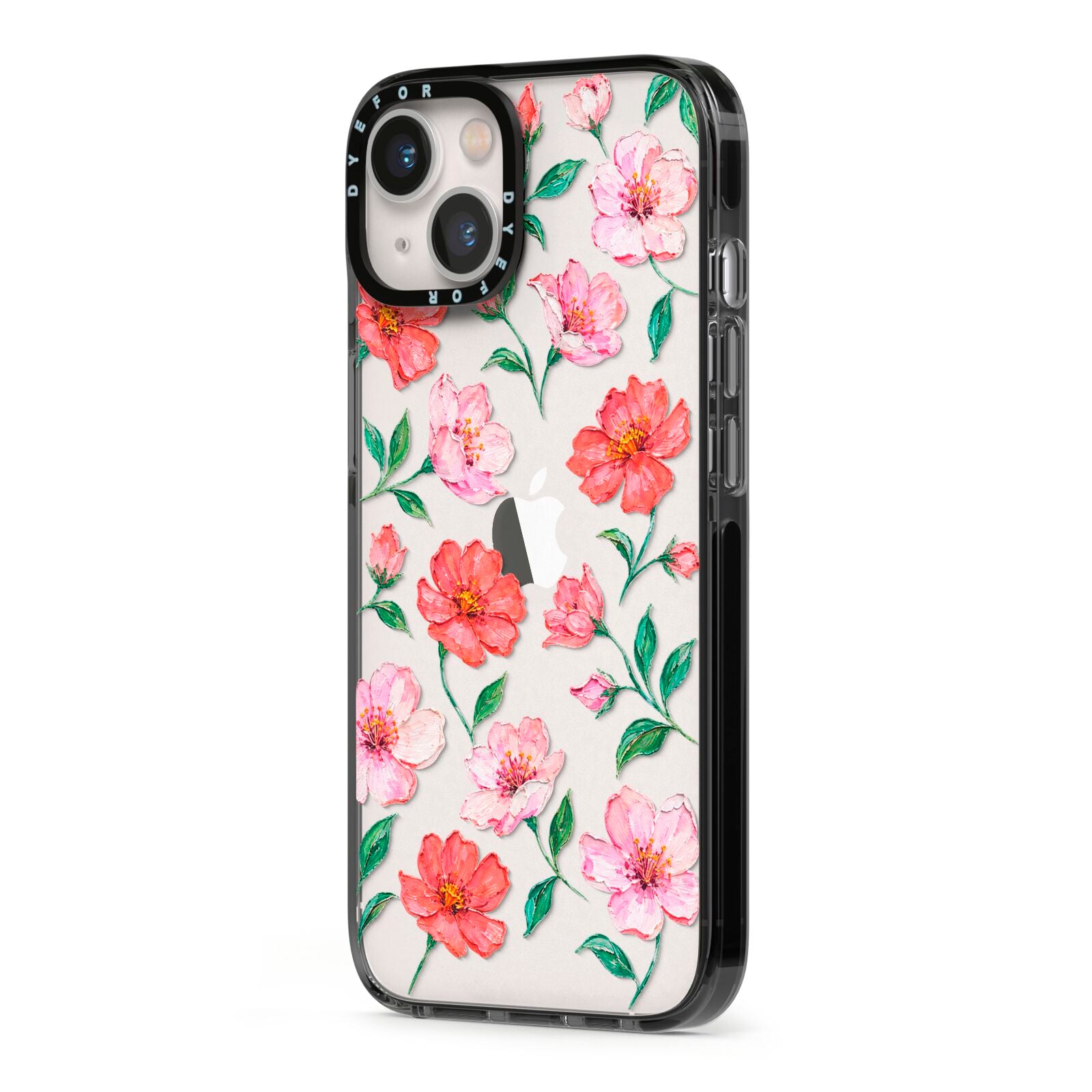 Coral Muse iPhone 13 Black Impact Case Side Angle on Silver phone