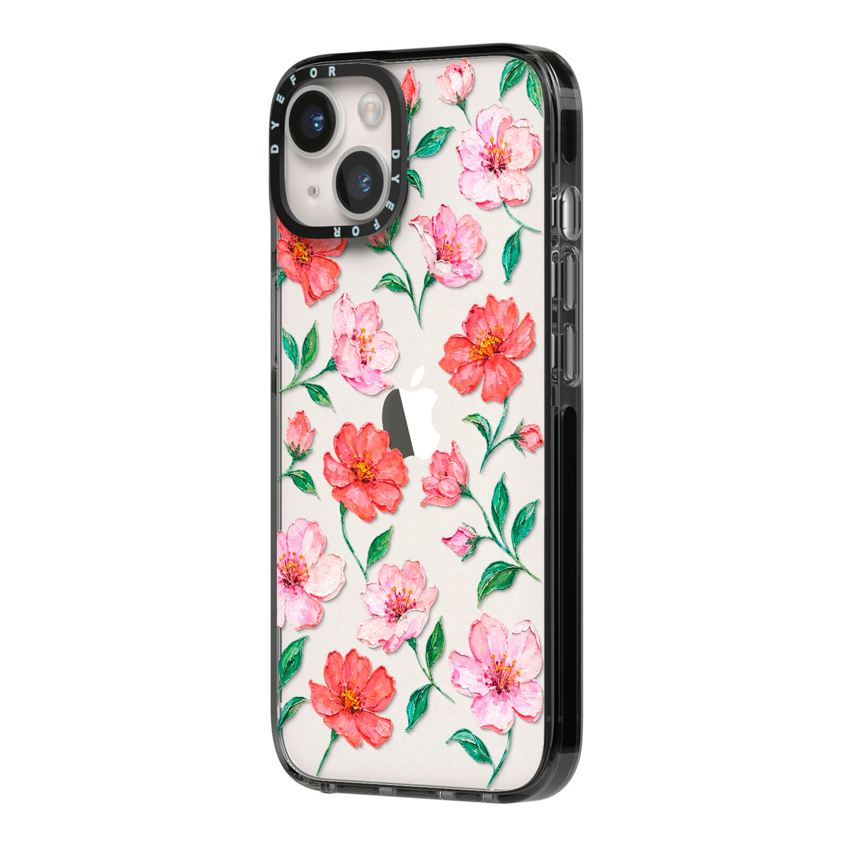 Coral Muse iPhone 14 Black Impact Case Side Angle on Silver phone