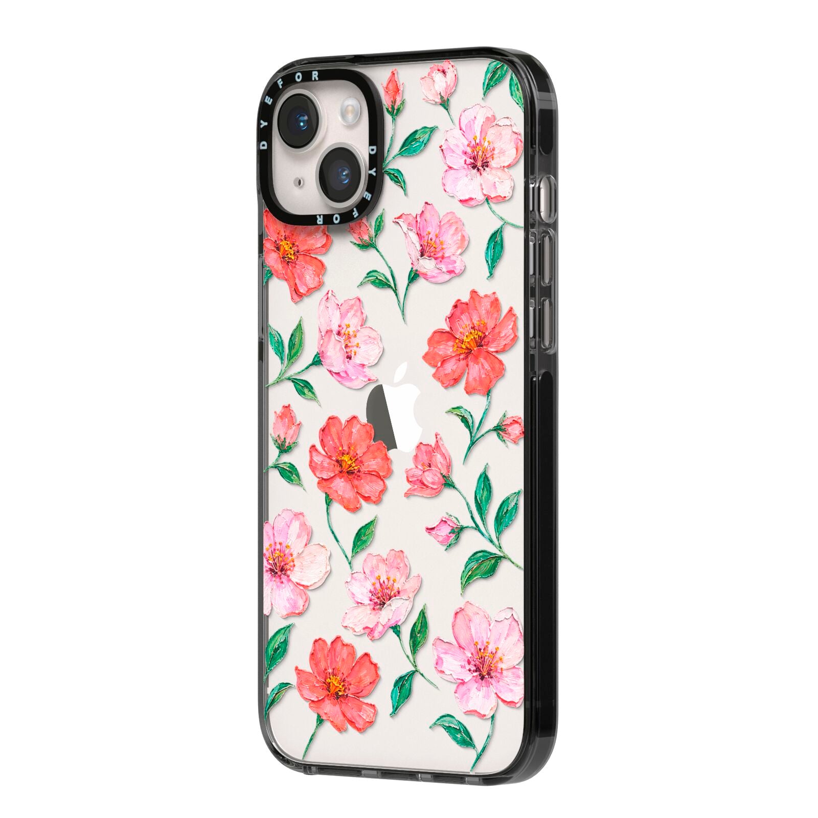 Coral Muse iPhone 14 Plus Black Impact Case Side Angle on Silver phone