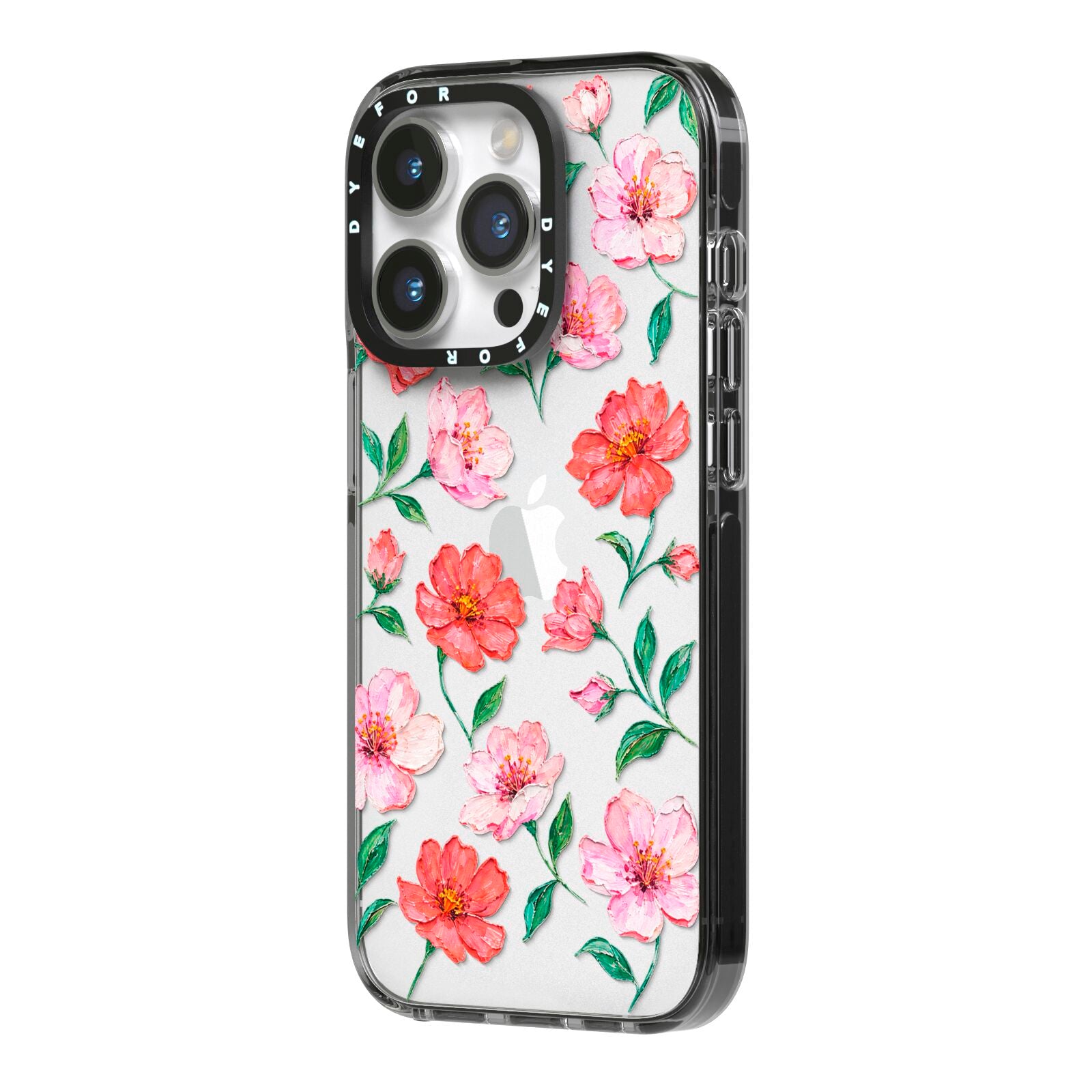 Coral Muse iPhone 14 Pro Black Impact Case Side Angle on Silver phone