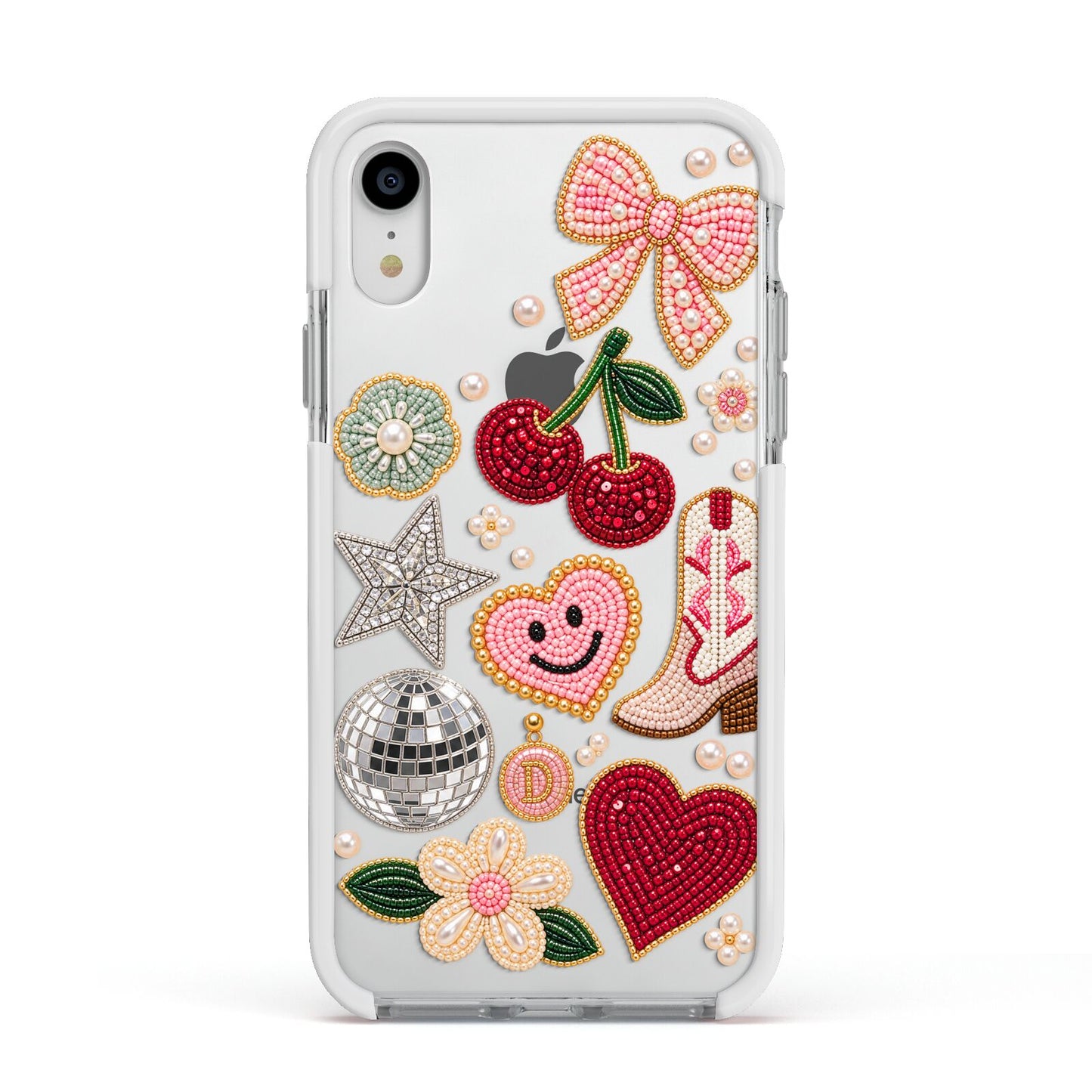 Cowgirl Keepsakes Beaded Charms Apple iPhone XR Impact Case White Edge on Silver Phone