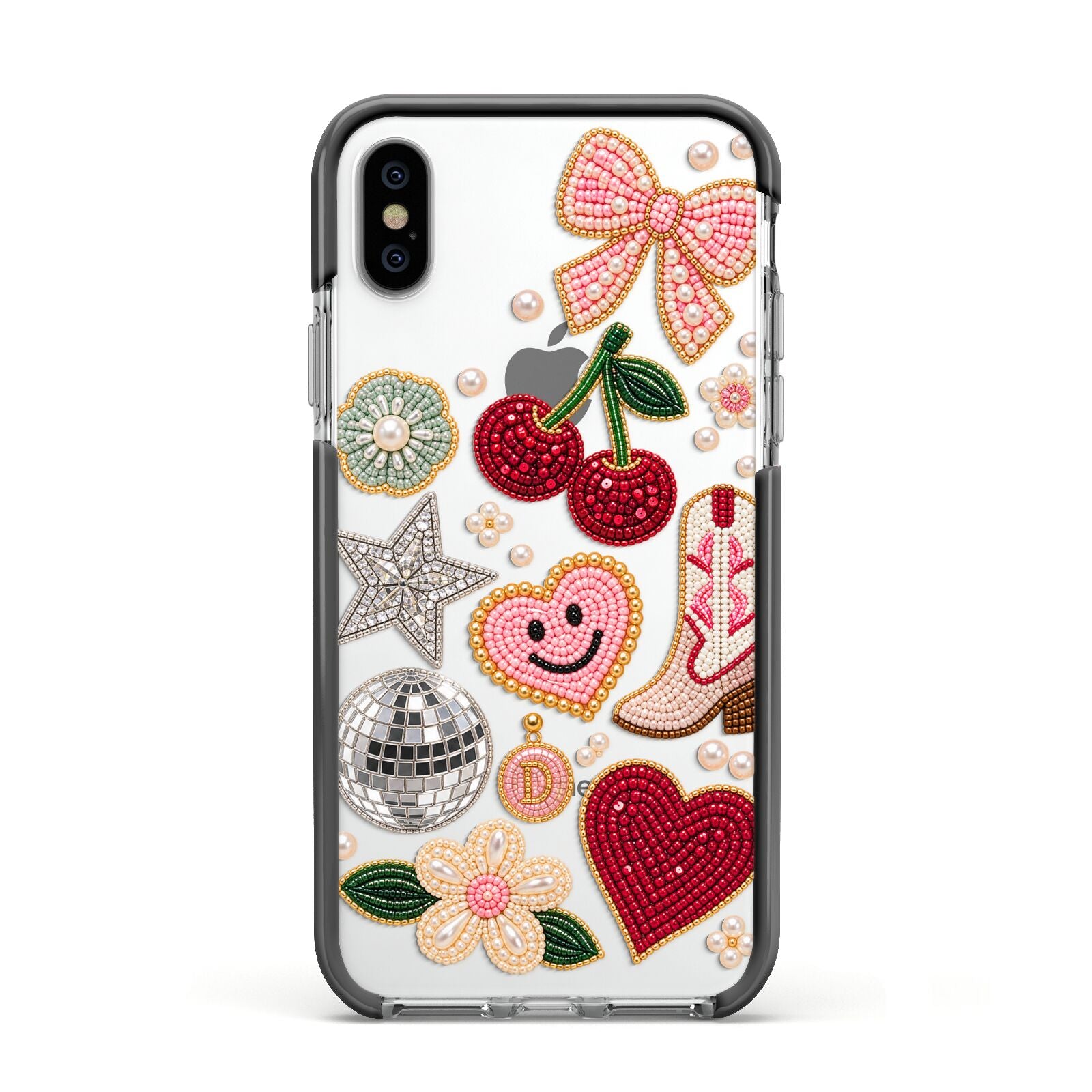 Cowgirl Keepsakes Beaded Charms Apple iPhone Xs Impact Case Black Edge on Silver Phone