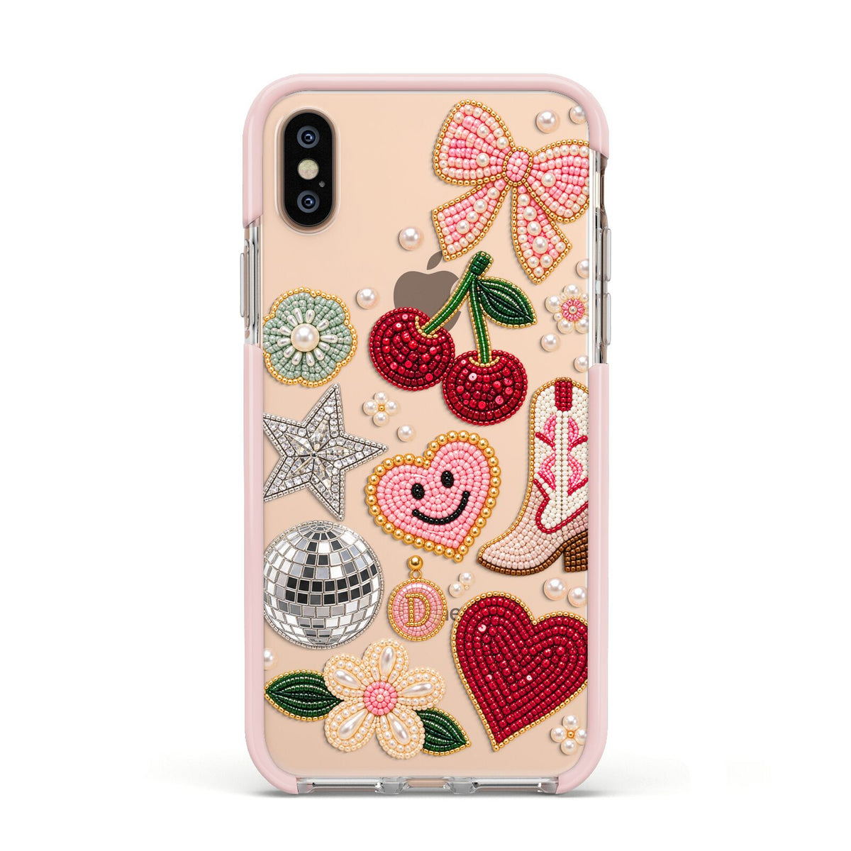 Cowgirl Keepsakes Beaded Charms Apple iPhone Xs Impact Case Pink Edge on Gold Phone