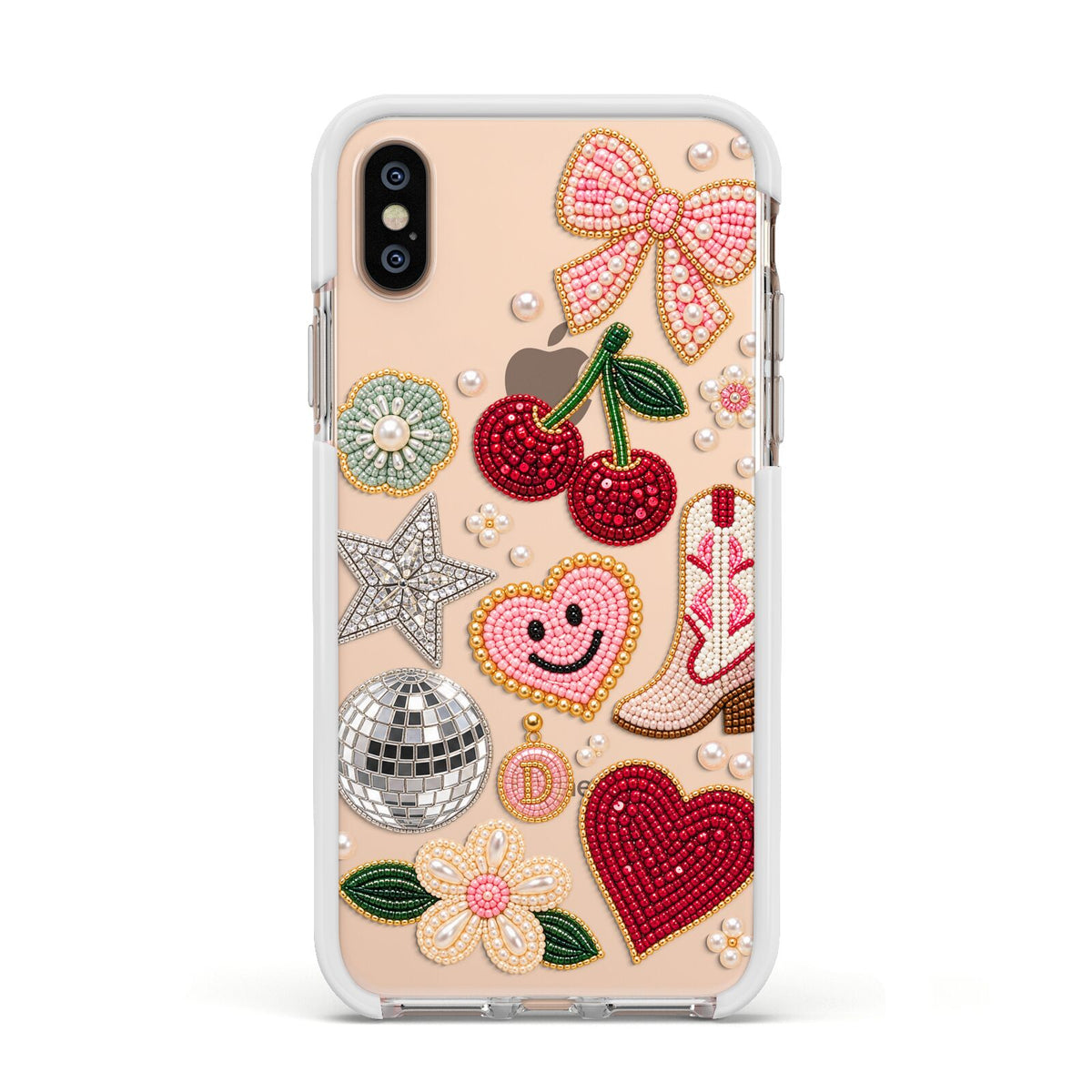 Cowgirl Keepsakes Beaded Charms Apple iPhone Xs Impact Case White Edge on Gold Phone