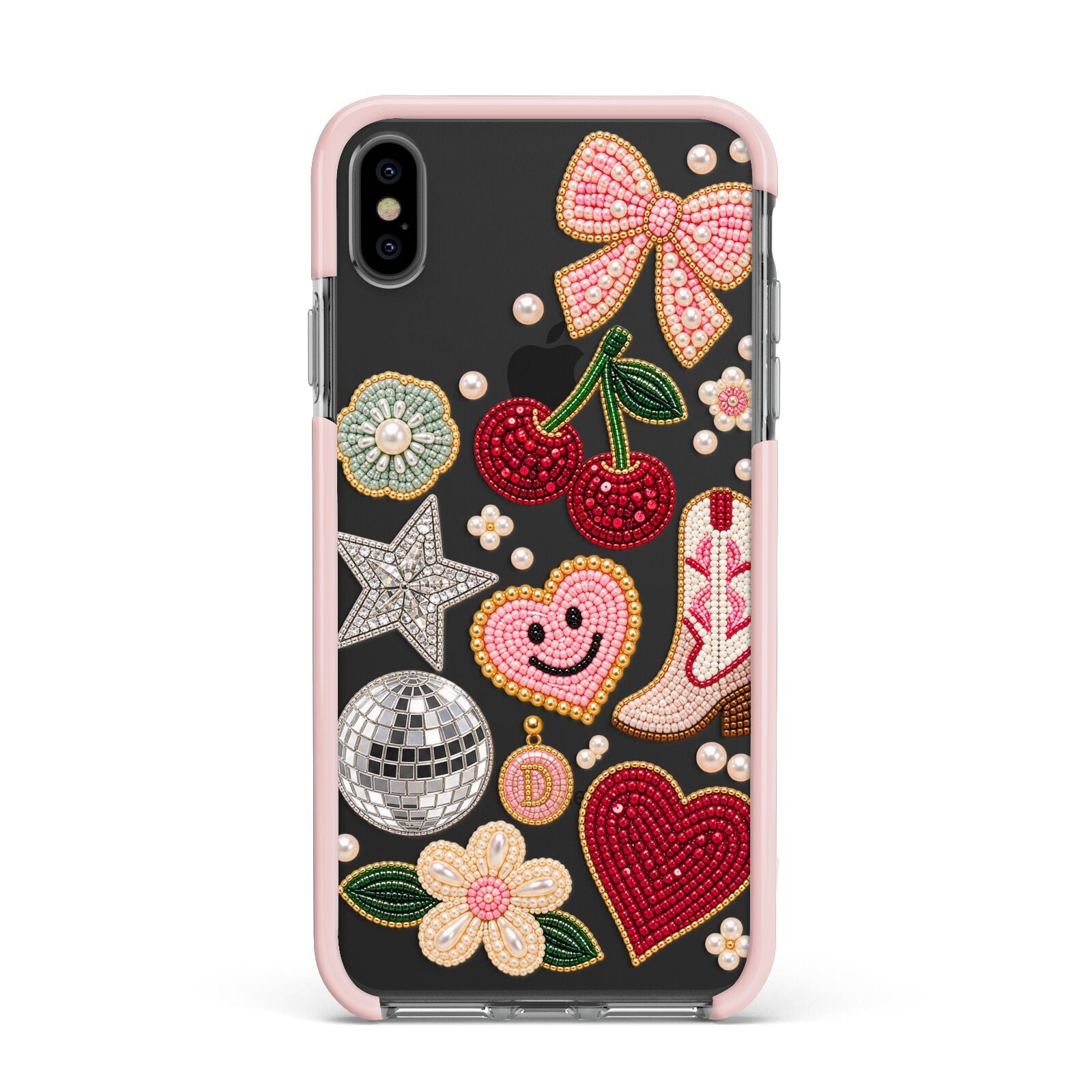 Cowgirl Keepsakes Beaded Charms Apple iPhone Xs Max Impact Case Pink Edge on Black Phone