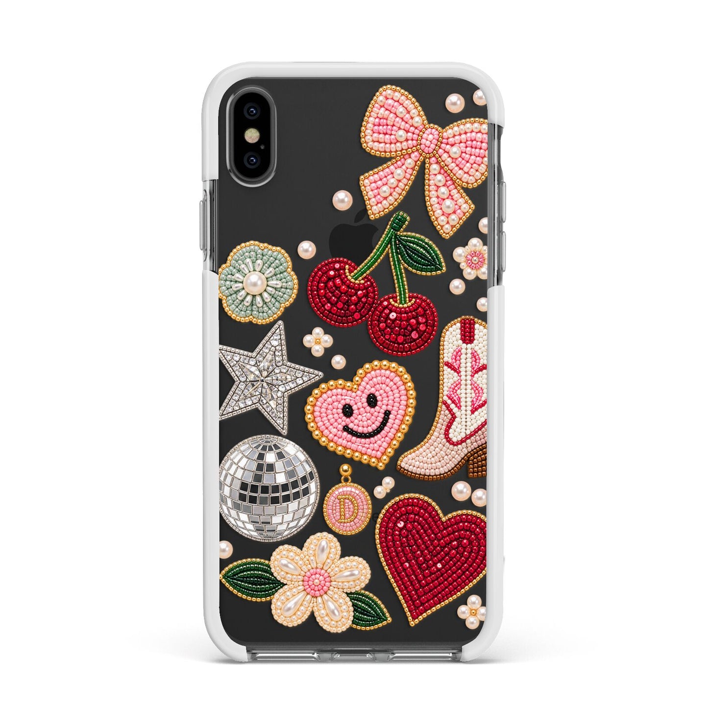 Cowgirl Keepsakes Beaded Charms Apple iPhone Xs Max Impact Case White Edge on Black Phone