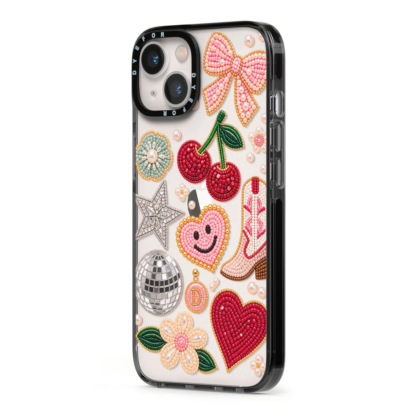 Cowgirl Keepsakes Beaded Charms iPhone 13 Black Impact Case Side Angle on Silver phone