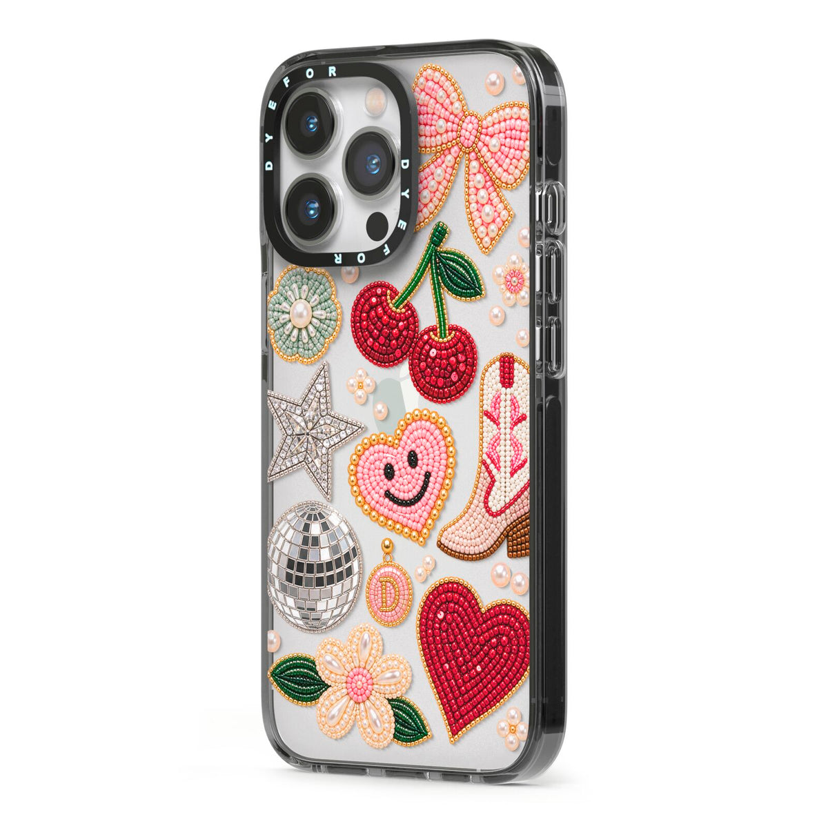 Cowgirl Keepsakes Beaded Charms iPhone 13 Pro Black Impact Case Side Angle on Silver phone