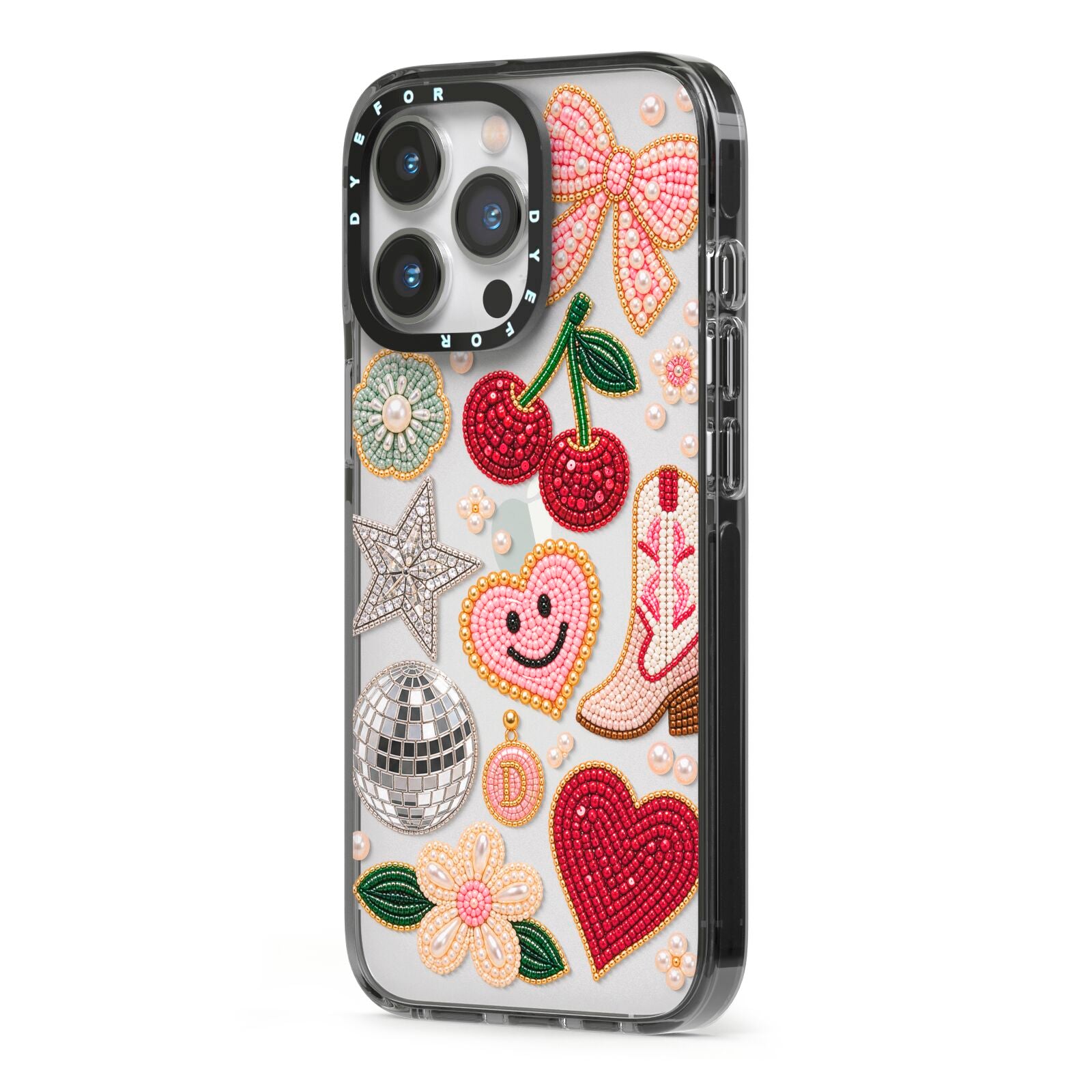 Cowgirl Keepsakes Beaded Charms iPhone 13 Pro Black Impact Case Side Angle on Silver phone