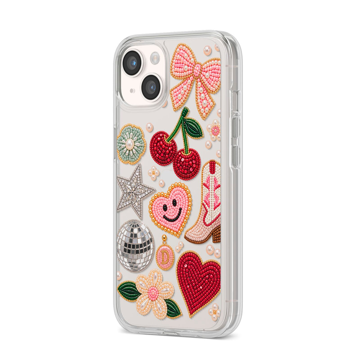 Cowgirl Keepsakes Beaded Charms iPhone 14 Clear Tough Case Starlight Angled Image
