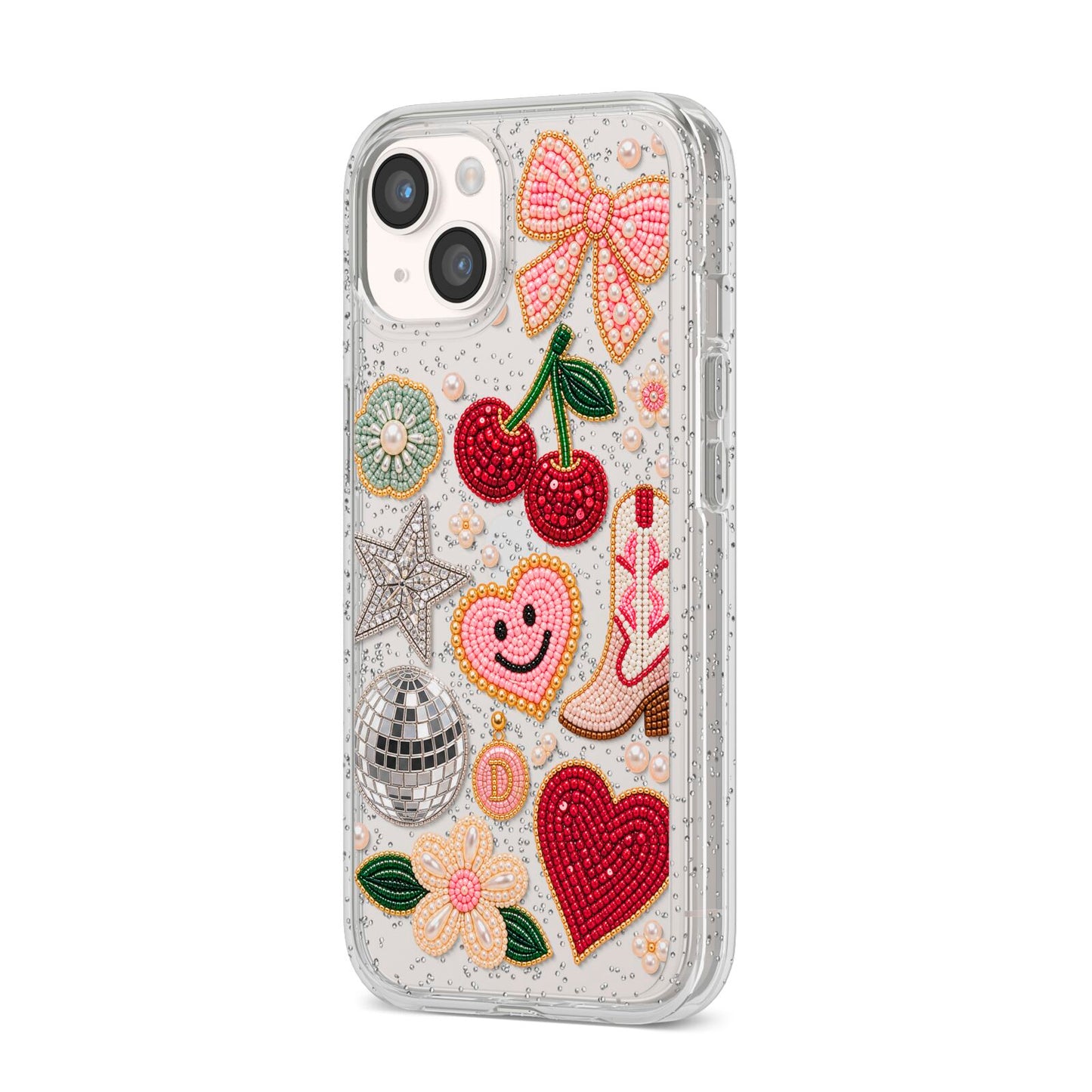 Cowgirl Keepsakes Beaded Charms iPhone 14 Glitter Tough Case Starlight Angled Image