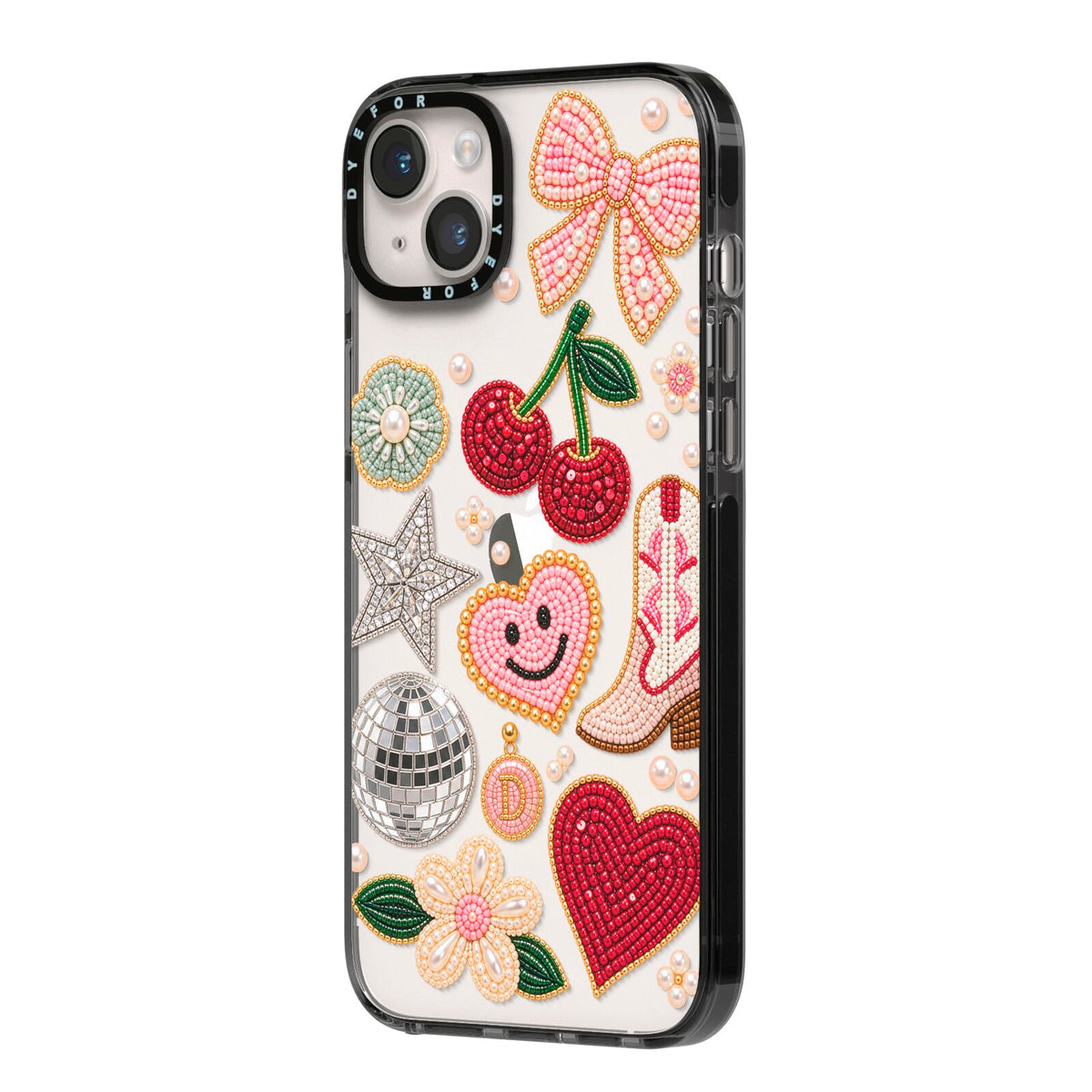 Cowgirl Keepsakes Beaded Charms iPhone 14 Plus Black Impact Case Side Angle on Silver phone