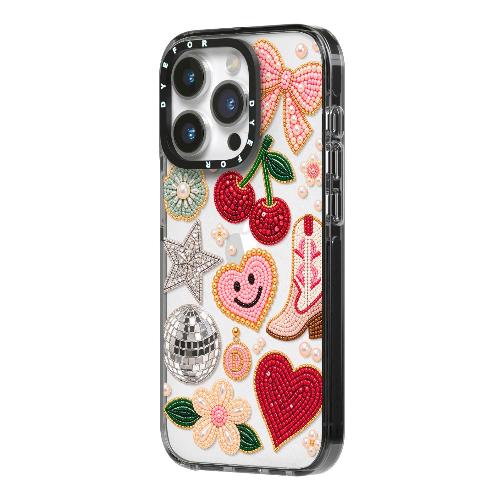 Cowgirl Keepsakes Beaded Charms iPhone 14 Pro Black Impact Case Side Angle on Silver phone