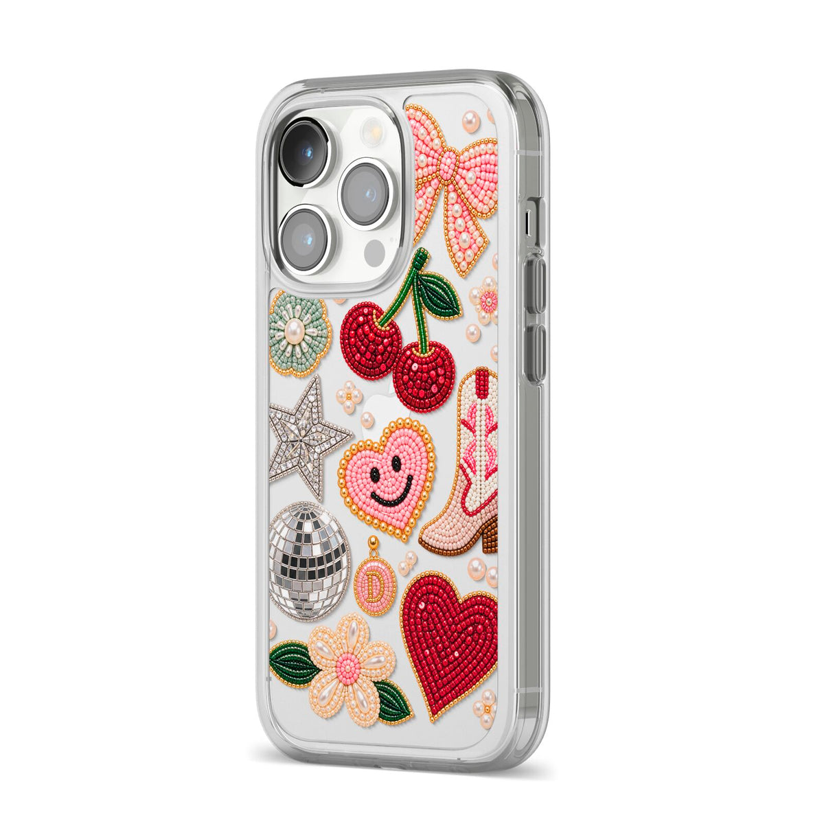 Cowgirl Keepsakes Beaded Charms iPhone 14 Pro Clear Tough Case Silver Angled Image