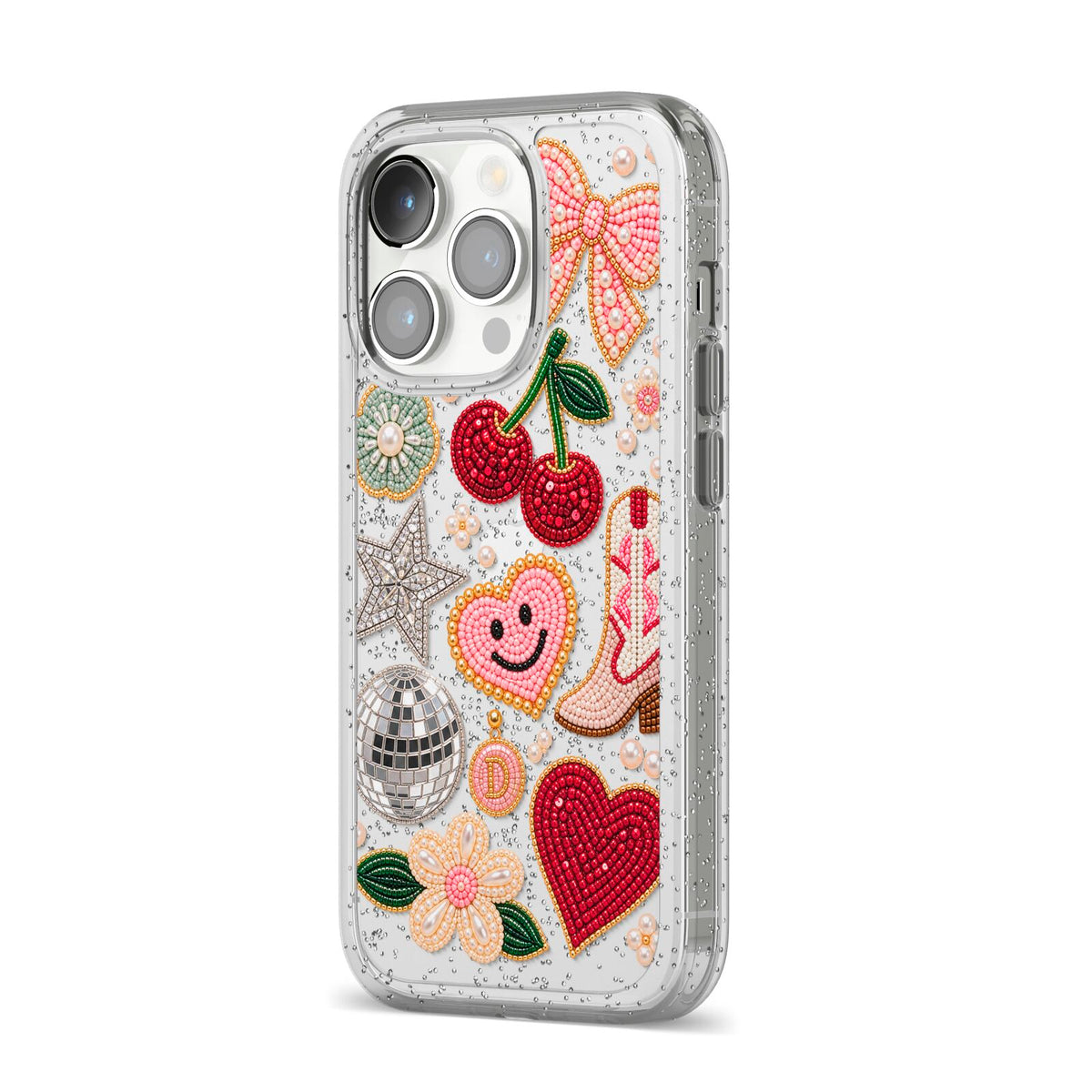 Cowgirl Keepsakes Beaded Charms iPhone 14 Pro Glitter Tough Case Silver Angled Image